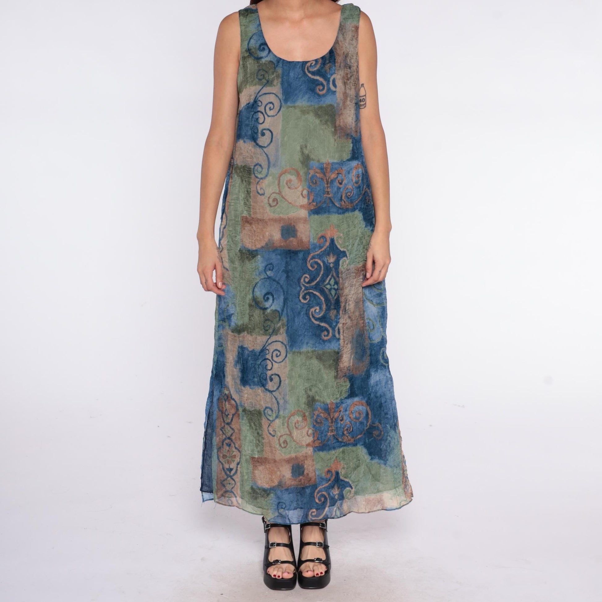 90s Nina Piccaino Patchwork Maxi Dress Sleeveless Blue Green Tan Medium