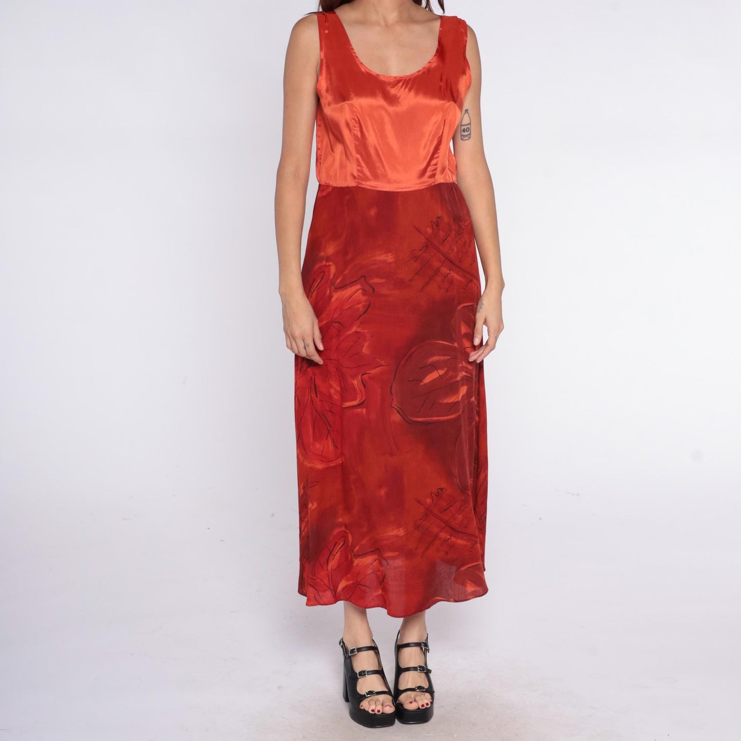 90s Positivity Attitude Red Floral Maxi Dress Sleeveless Rayon Large