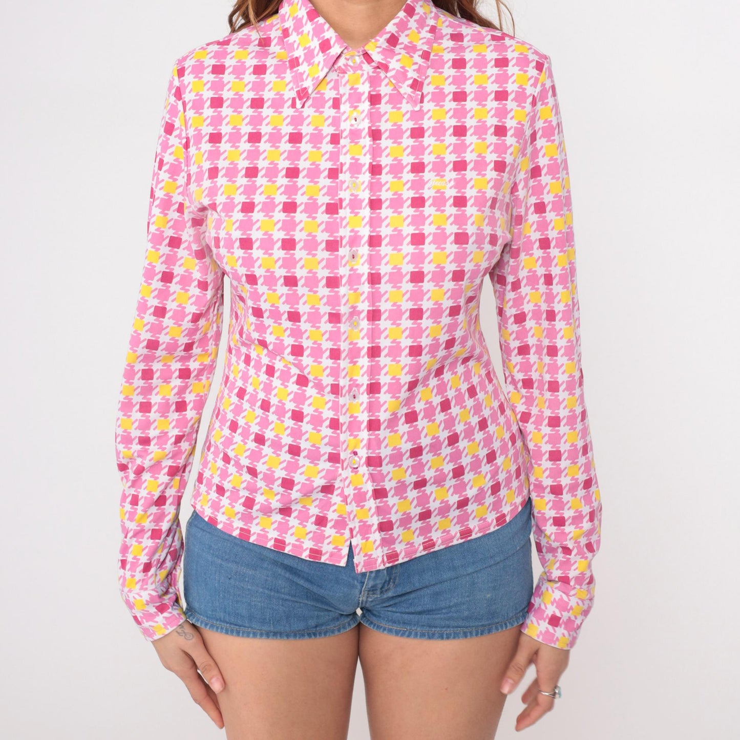 90s Guess Geometric Square Print Button Blouse Pink Yellow Small S