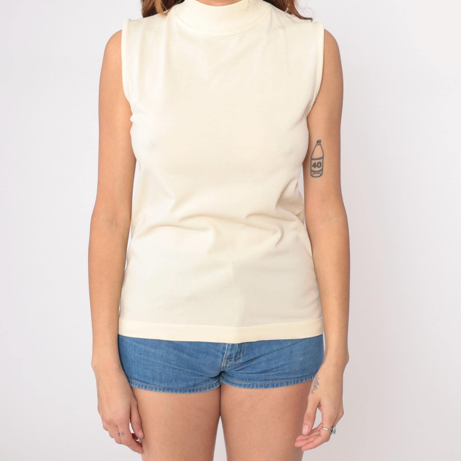 70s Cream Sleeveless Turtleneck Knit Shell Tank Top Small