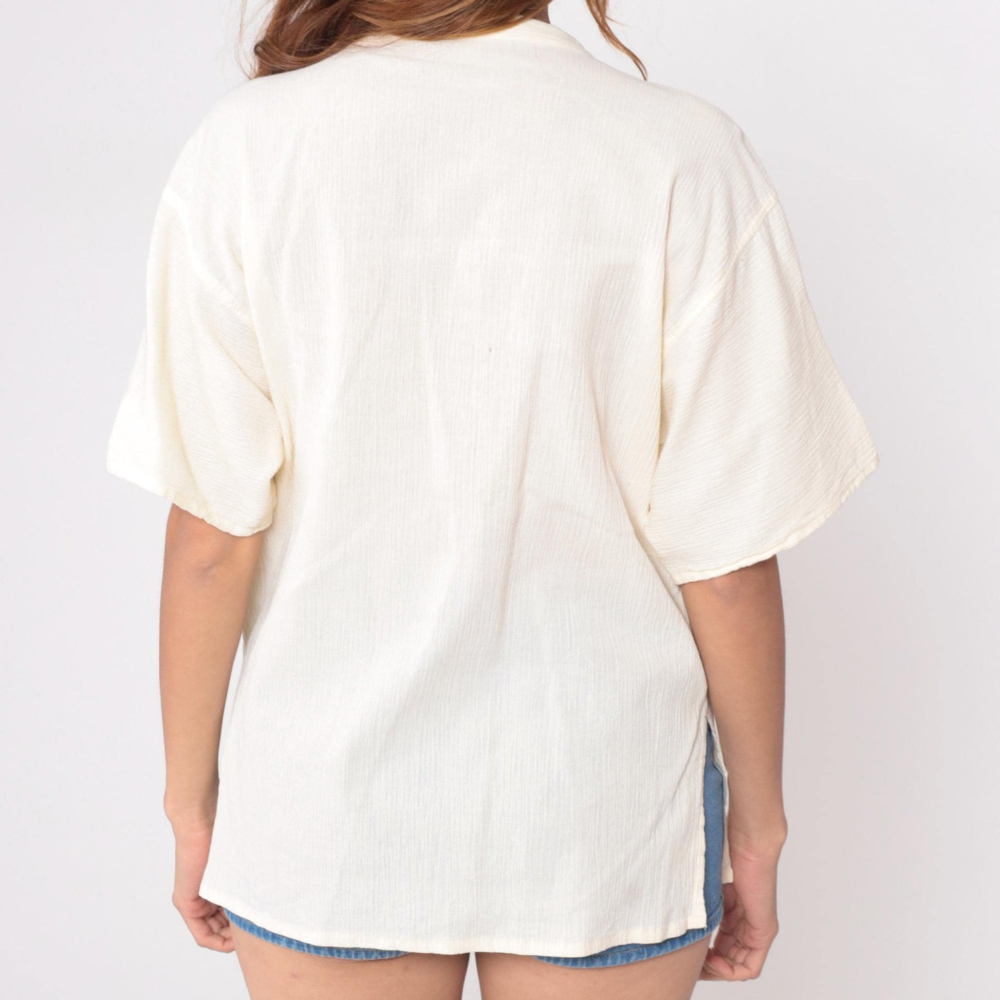 80s Cream Henley Short Sleeve V-Neck Top Cotton Blend Large L