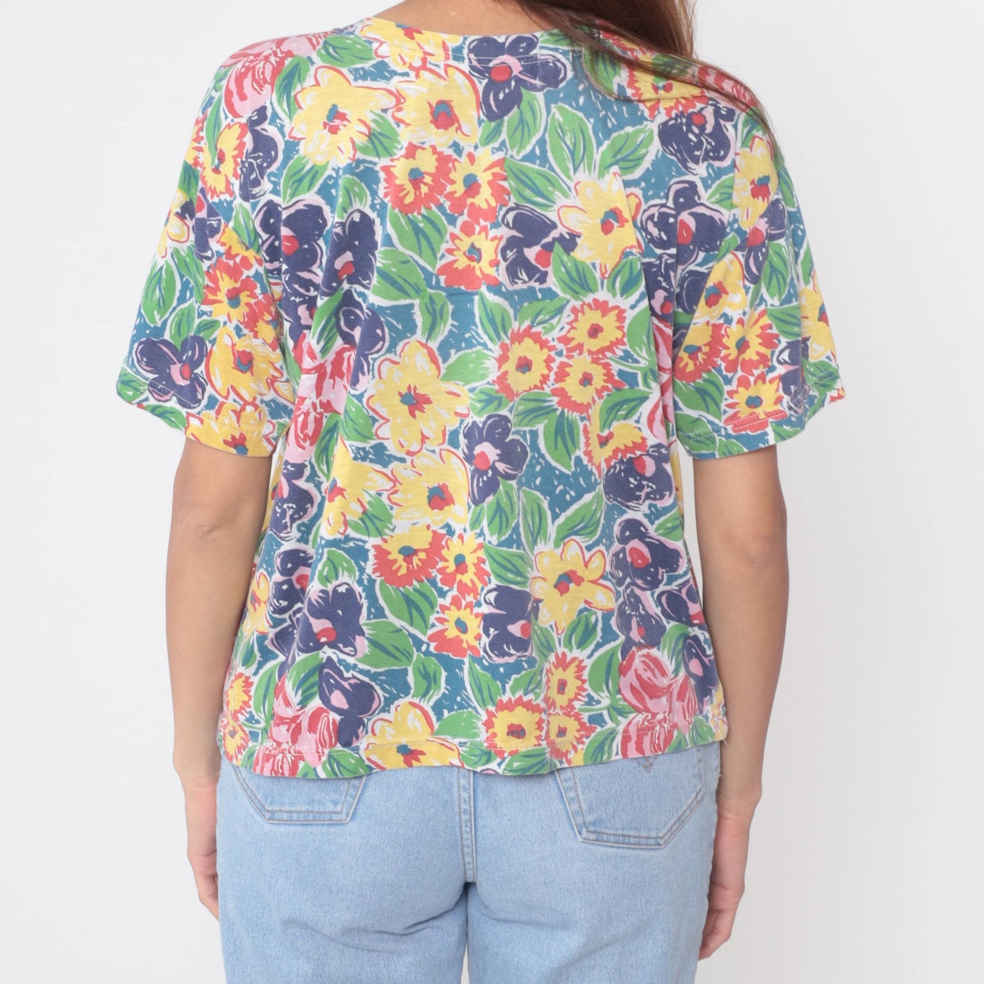 90s Emerald Isle Tropical Floral Blouse Botanical Print Scoop Neck Medium