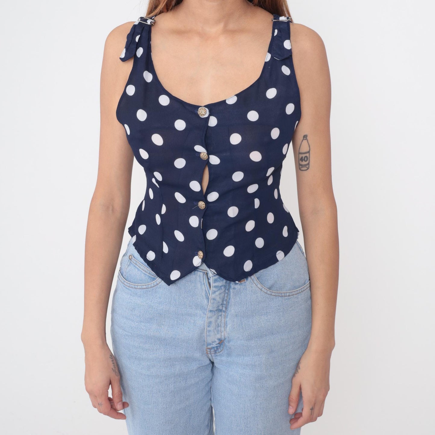 90s Navy Polka Dot Vest Top White Dots Button Front Cropped XS