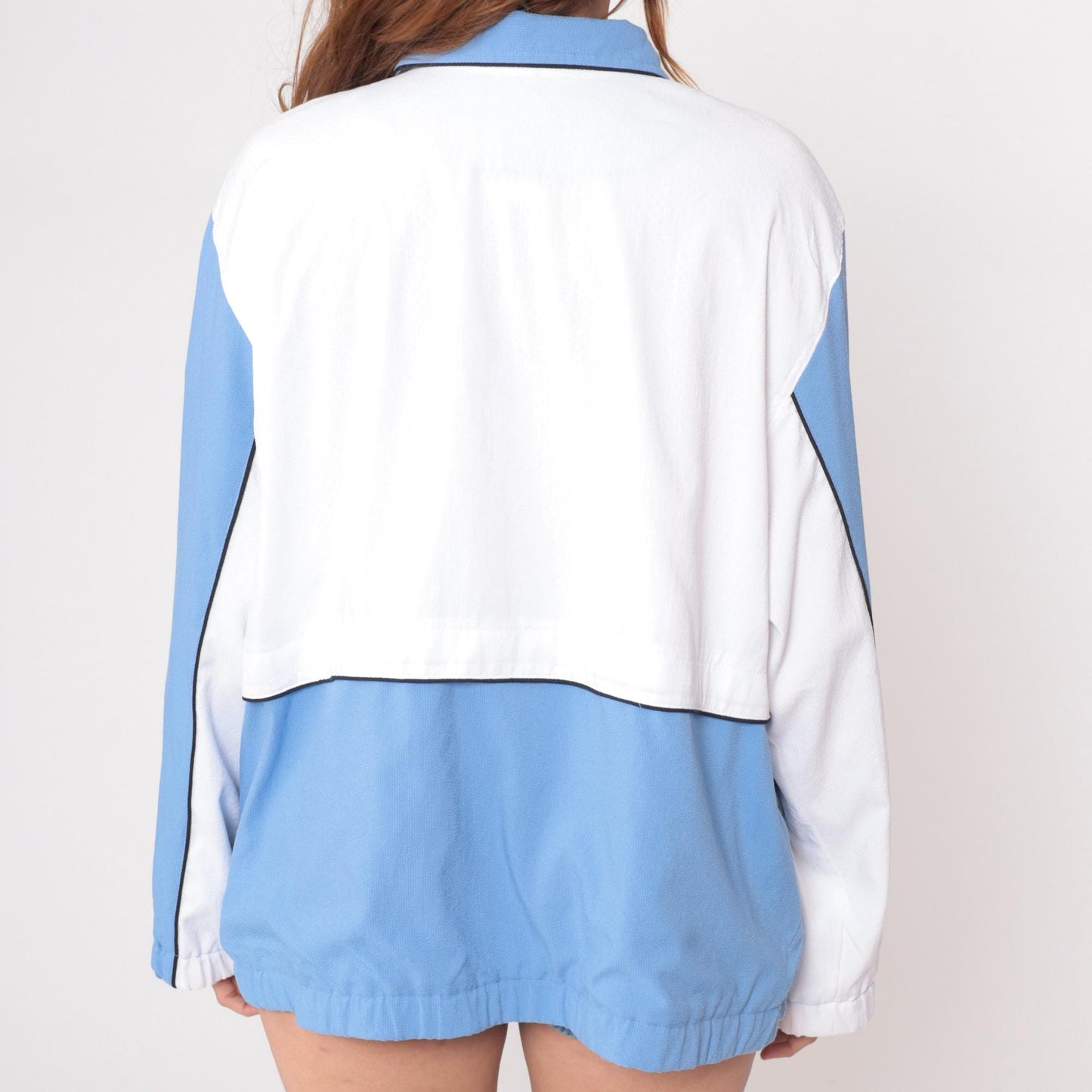 90s Alfred Dunner Color Block Windbreaker Blue White Geometric Jacket Large