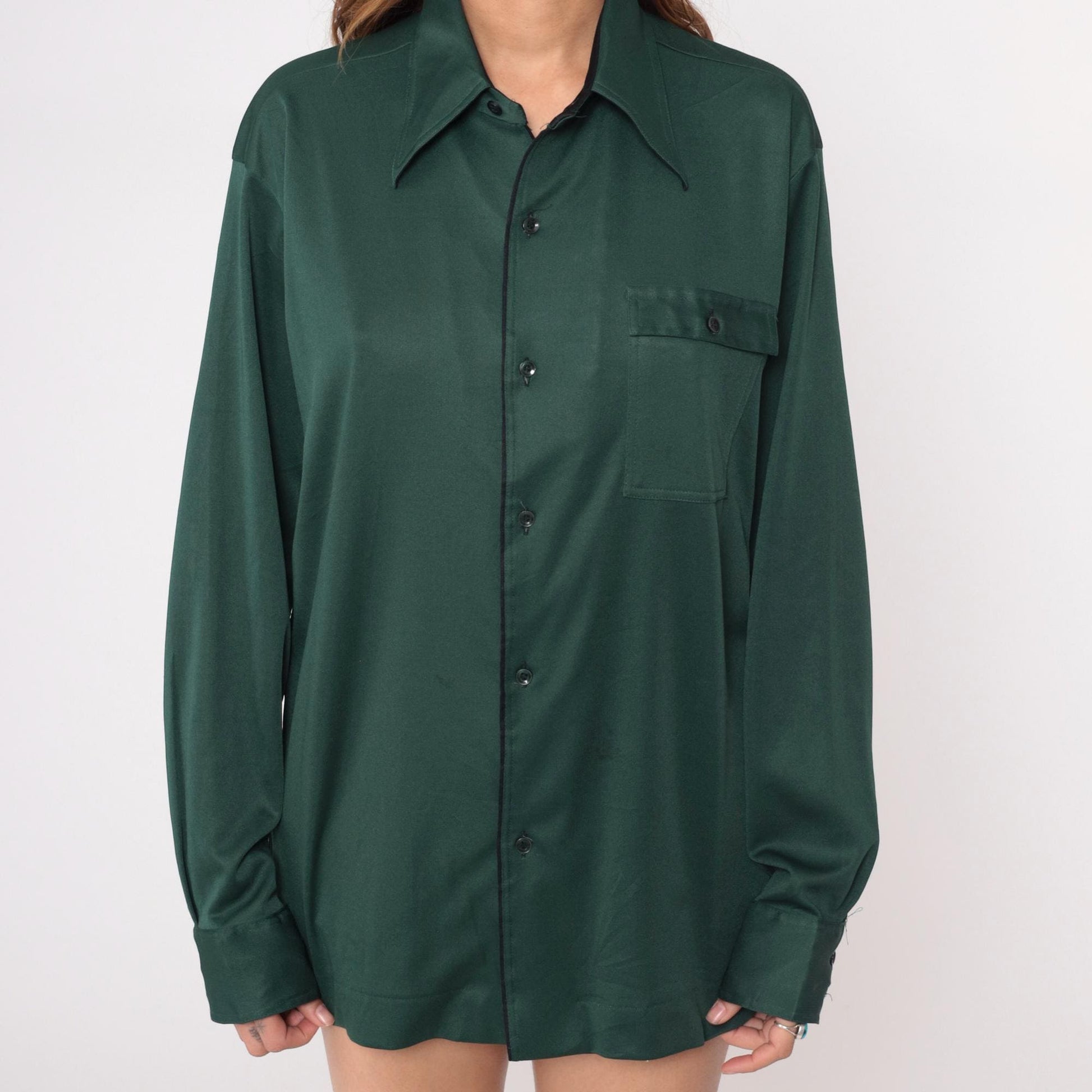 70s Forest Green Button-Front Shirt Long Sleeve Pointed Collar Polyester Large L