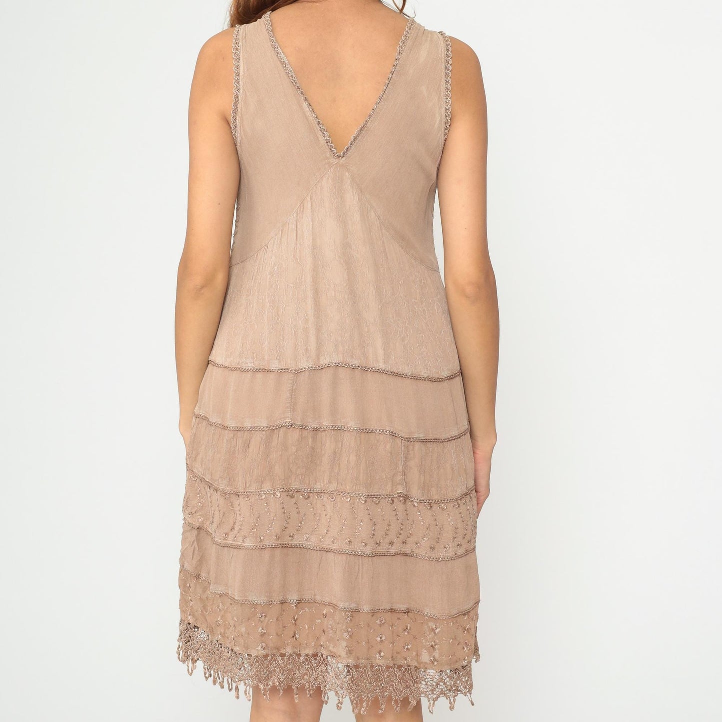 Y2K Beige Beaded Lace Midi Dress V-Neck Tiered Scalloped Hem Large