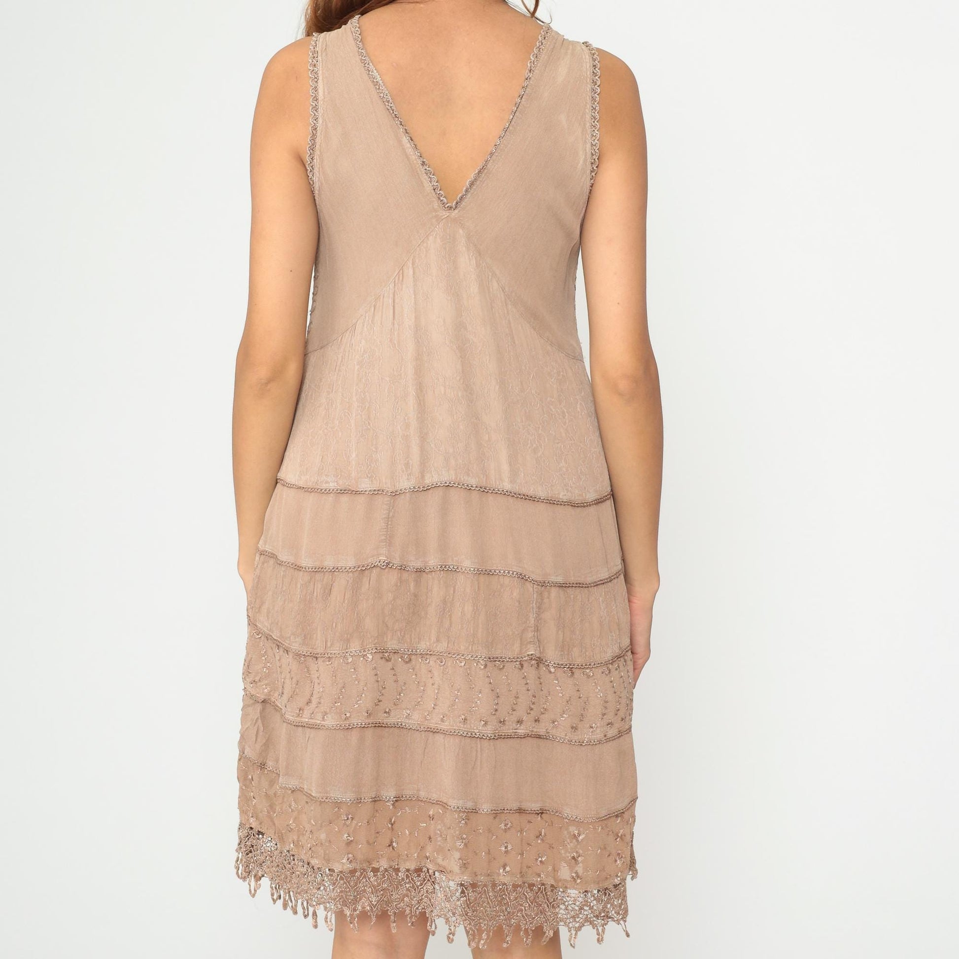 Y2K Beige Beaded Lace Midi Dress V-Neck Tiered Scalloped Hem Large