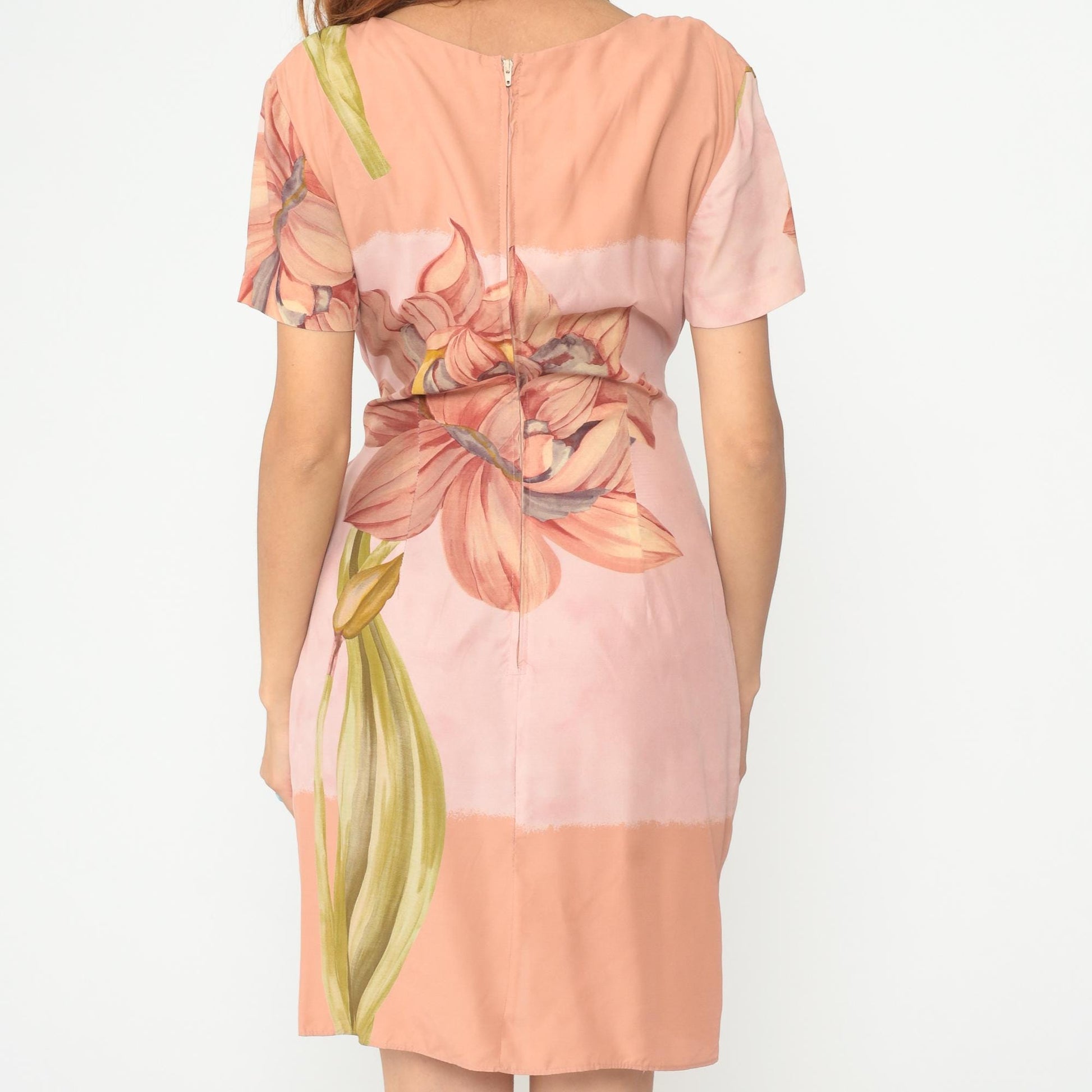 90s KC Spencer Floral Mini Dress Amaryllis Print Wrap Tie Waist Peach Medium