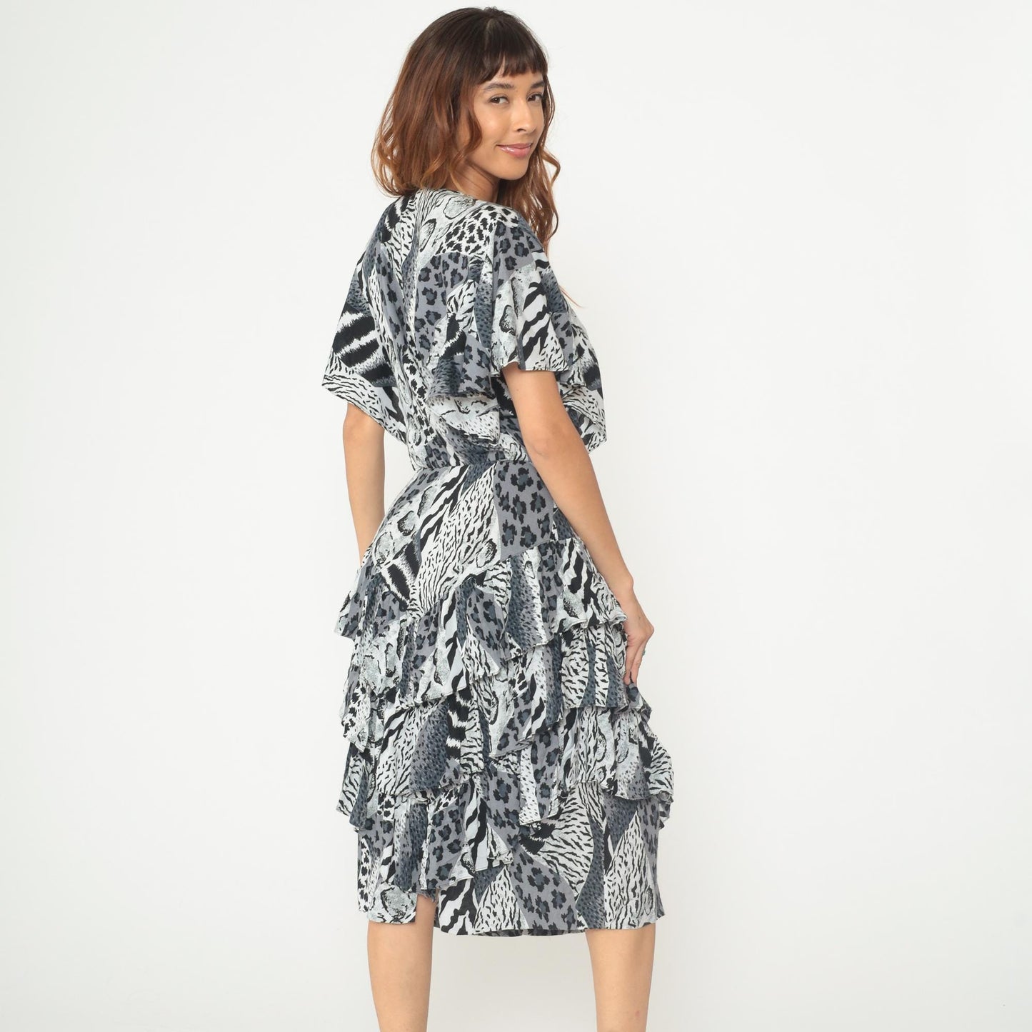 90s Animal Print Midi Dress Black White Leopard Zebra Button Front Flutter Sleeve Medium M