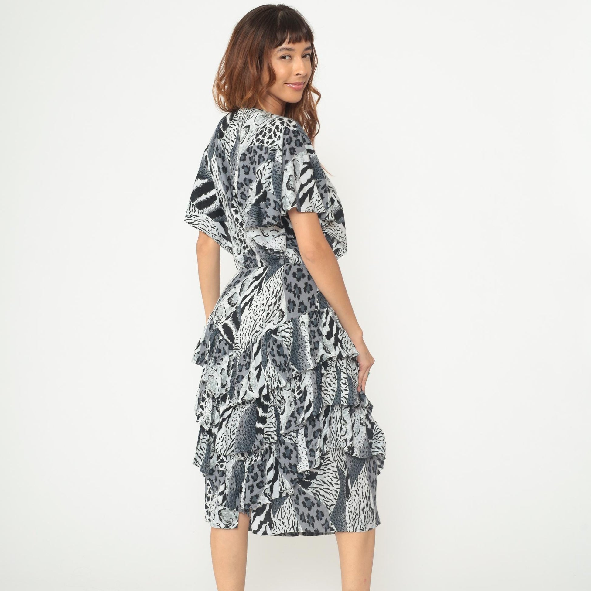 90s Animal Print Midi Dress Black White Leopard Zebra Button Front Flutter Sleeve Medium M