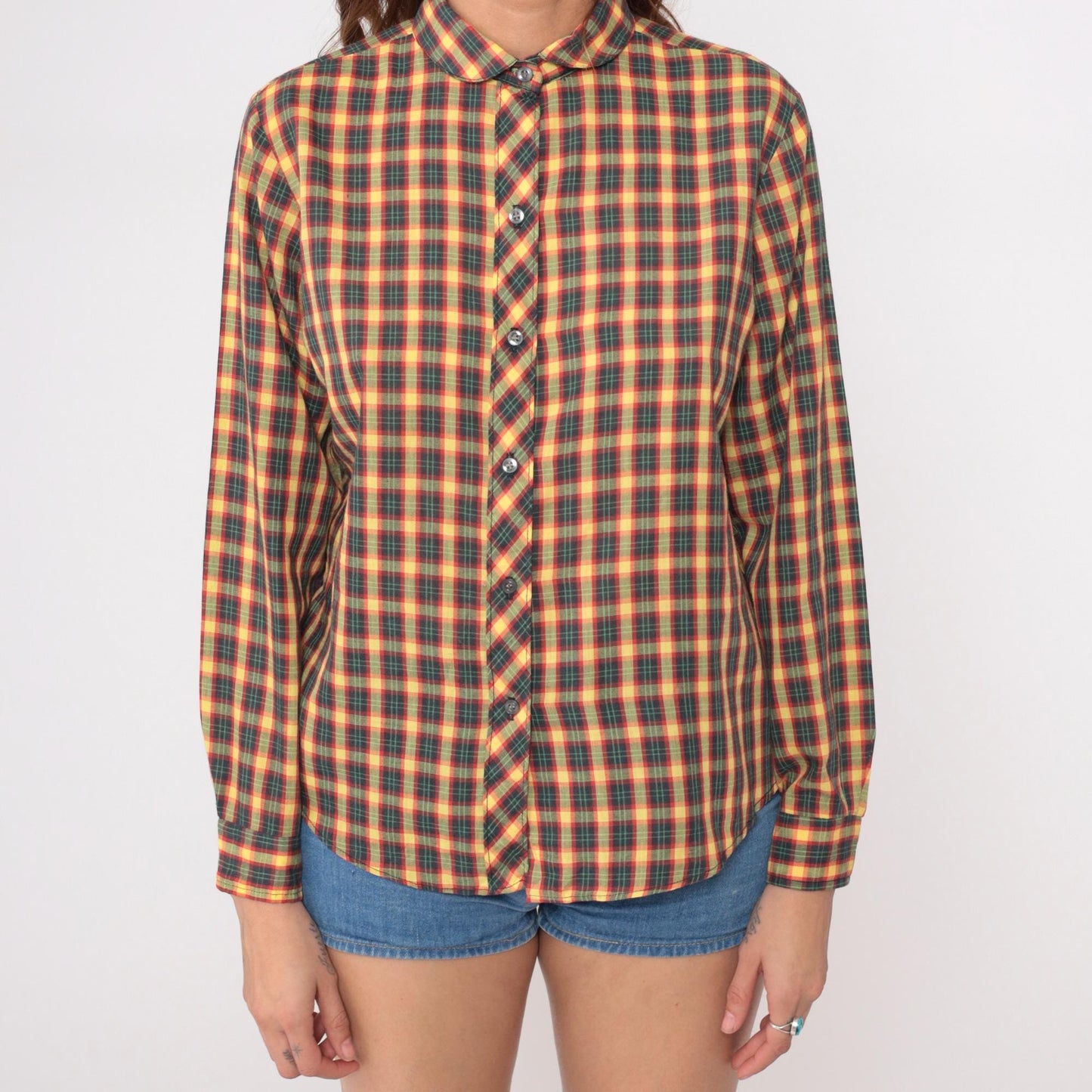 90s Oak Hill Plaid Button-Up Shirt Yellow Red Green Navy Cotton Small