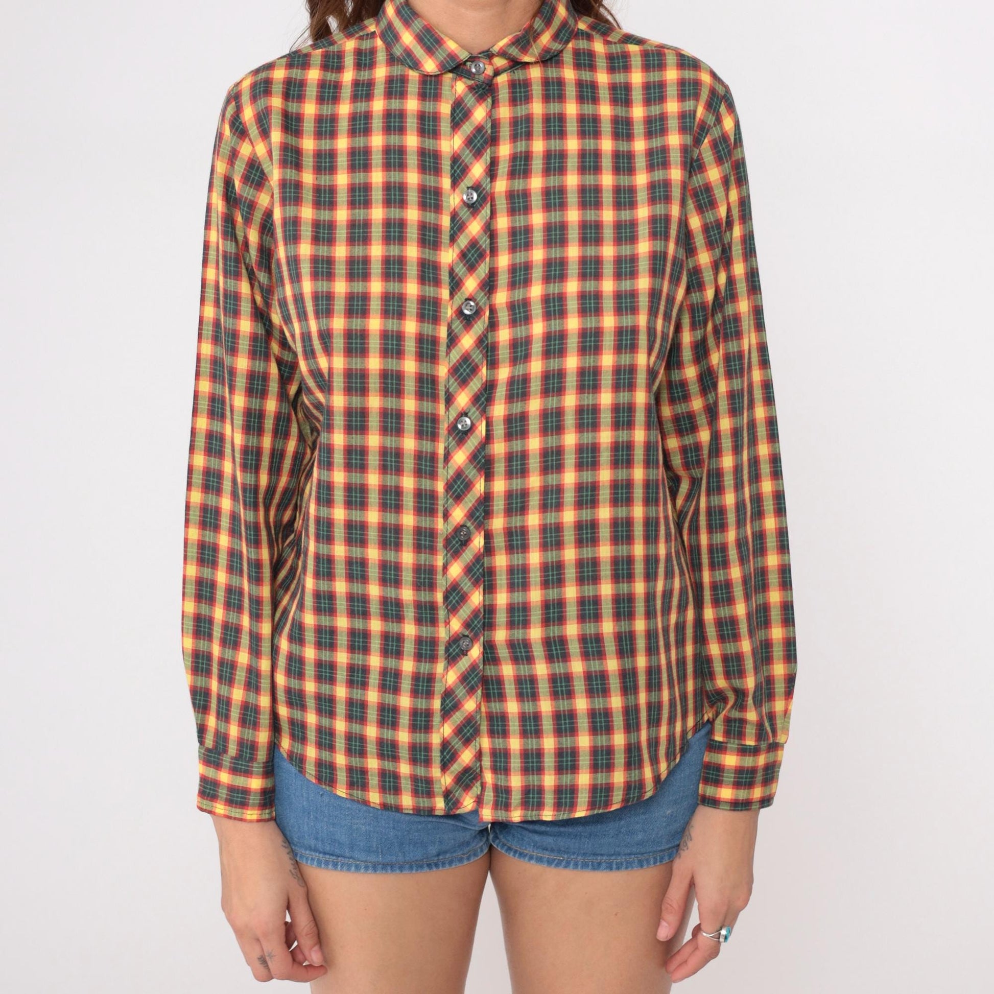 90s Oak Hill Plaid Button-Up Shirt Yellow Red Green Navy Cotton Small
