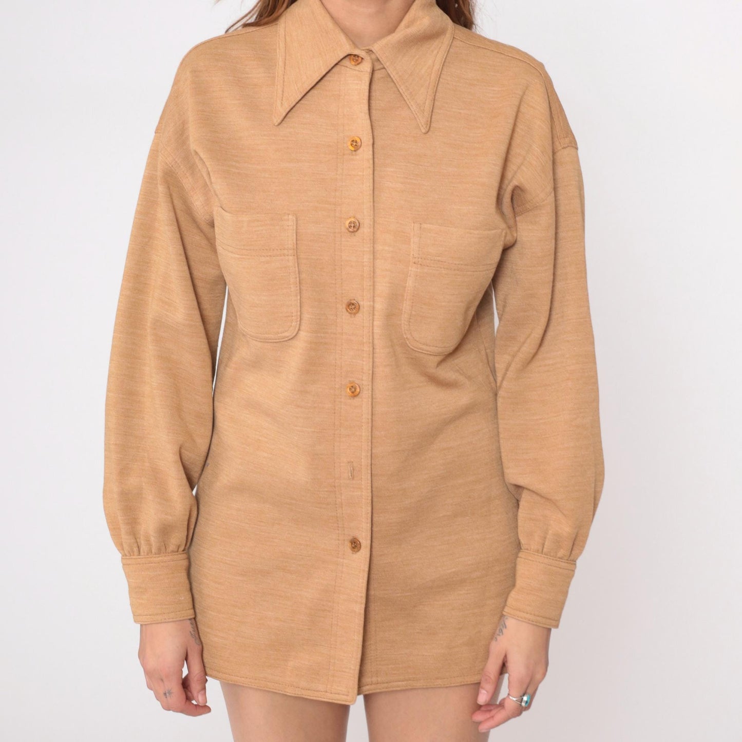 70s Act III Wool Shirt Tan Button Front Collared Tunic Large L