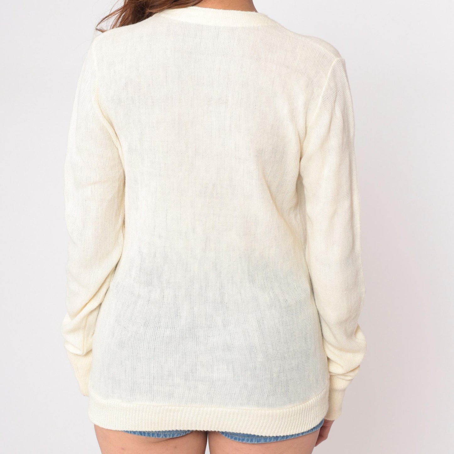 80s Cream Cardigan Button Front V-Neck Patch Pockets Knit Medium
