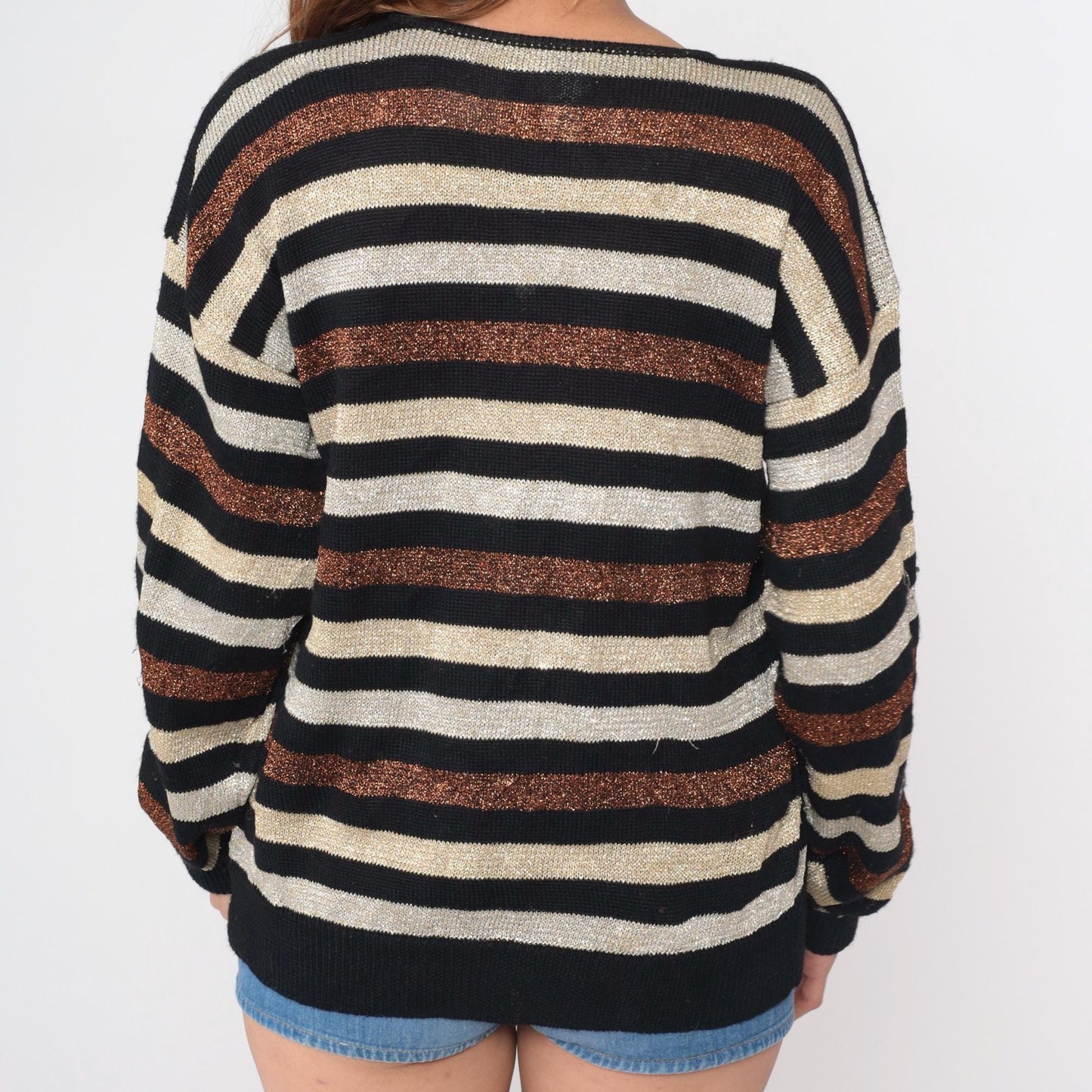 80s Casual Corner Metallic Striped Wool Sweater Black Cream Copper Medium