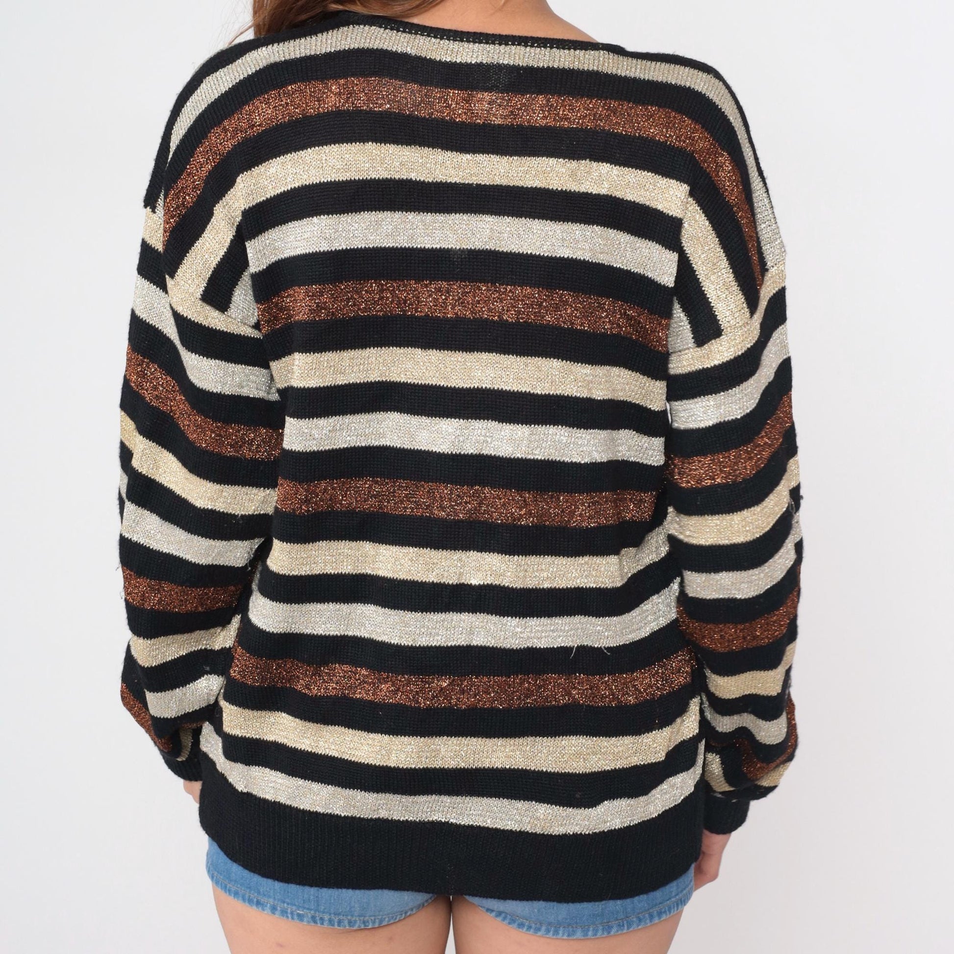 80s Casual Corner Metallic Striped Wool Sweater Black Cream Copper Medium