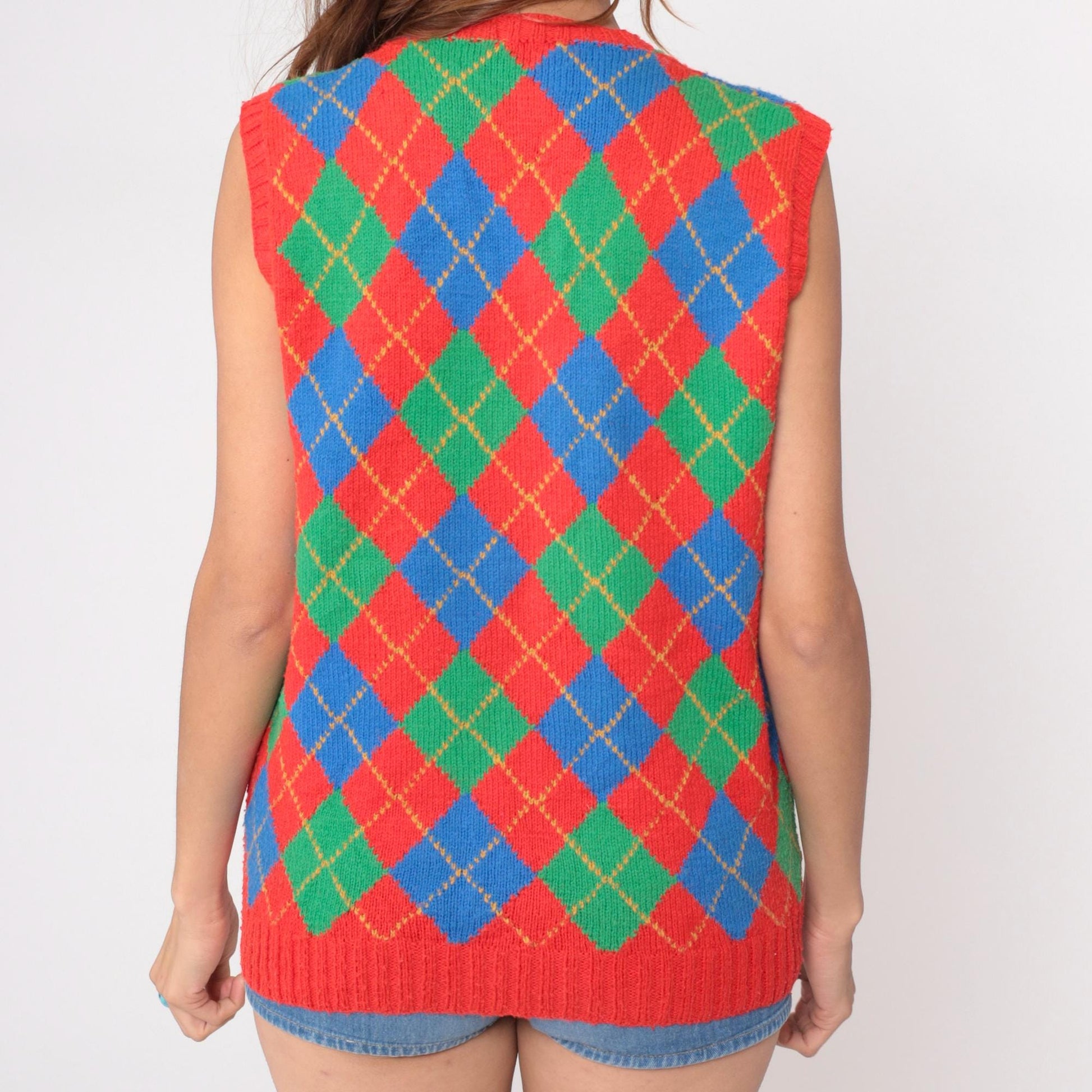 80s Adrie Matheson Hand Knit Argyle Vest V-Neck Multicolor Diamond Medium