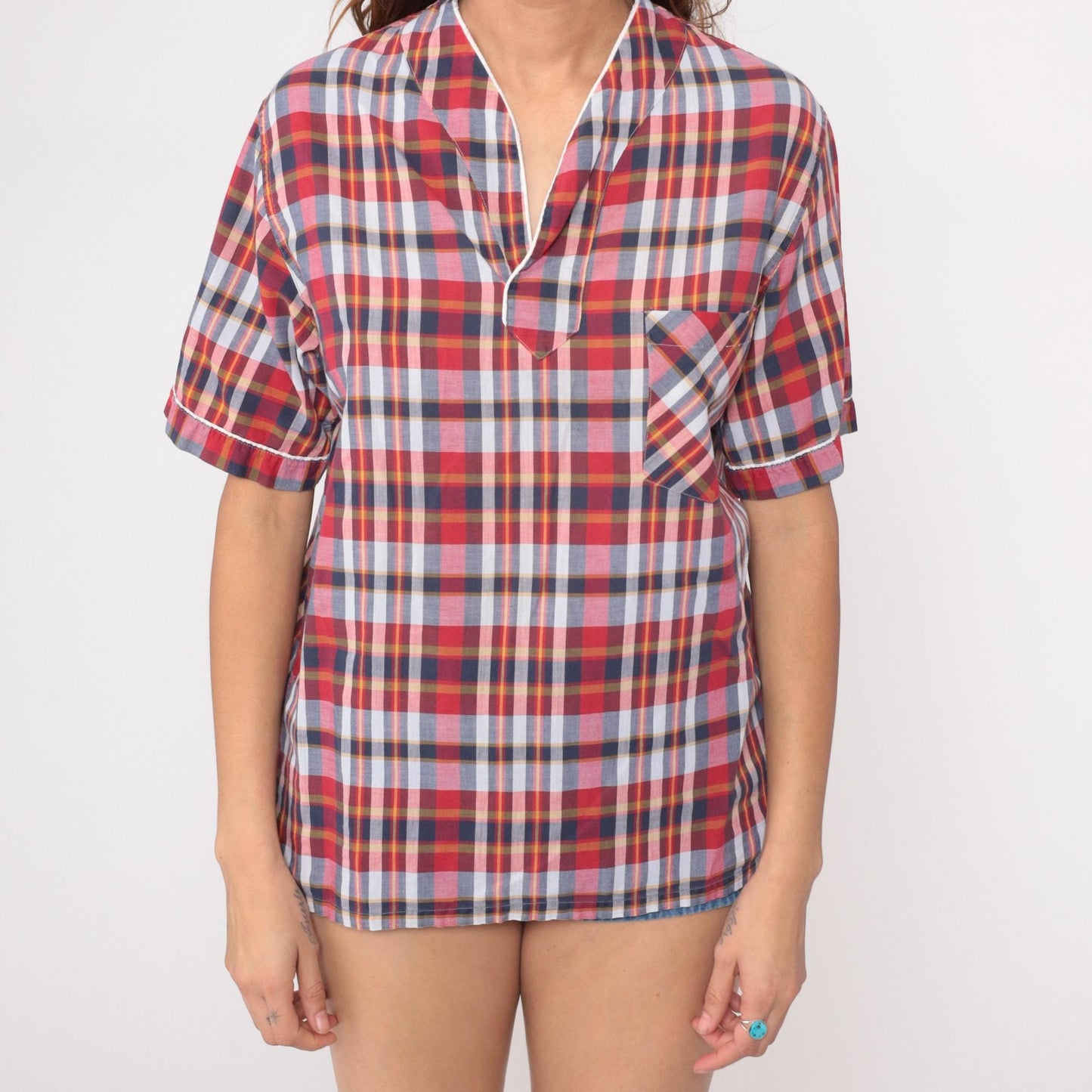 80s Sears Plaid Button-Down Shirt Red White Blue Cotton Small