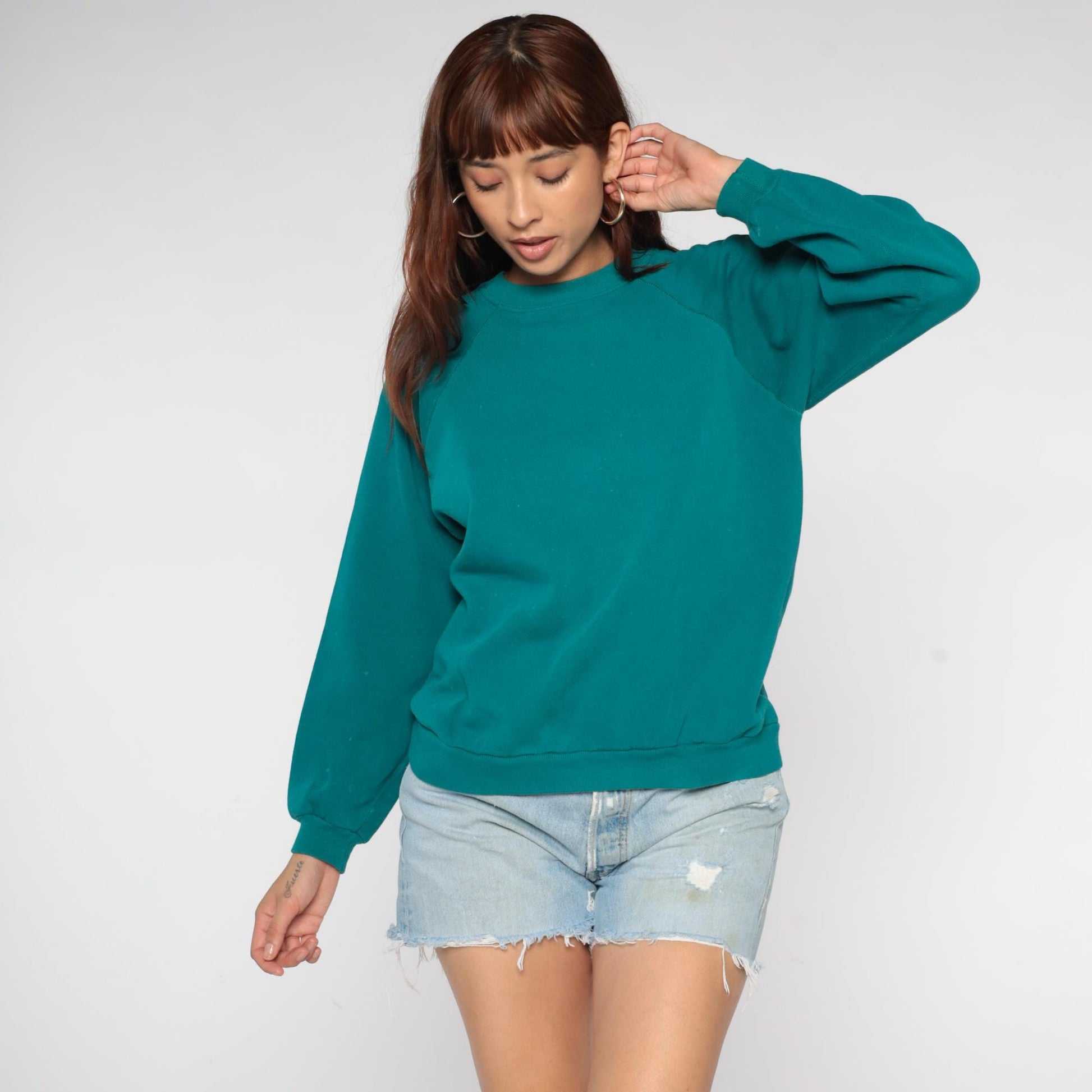 90s JAM Teal Crewneck Sweatshirt Raglan Sleeves Distressed Large L