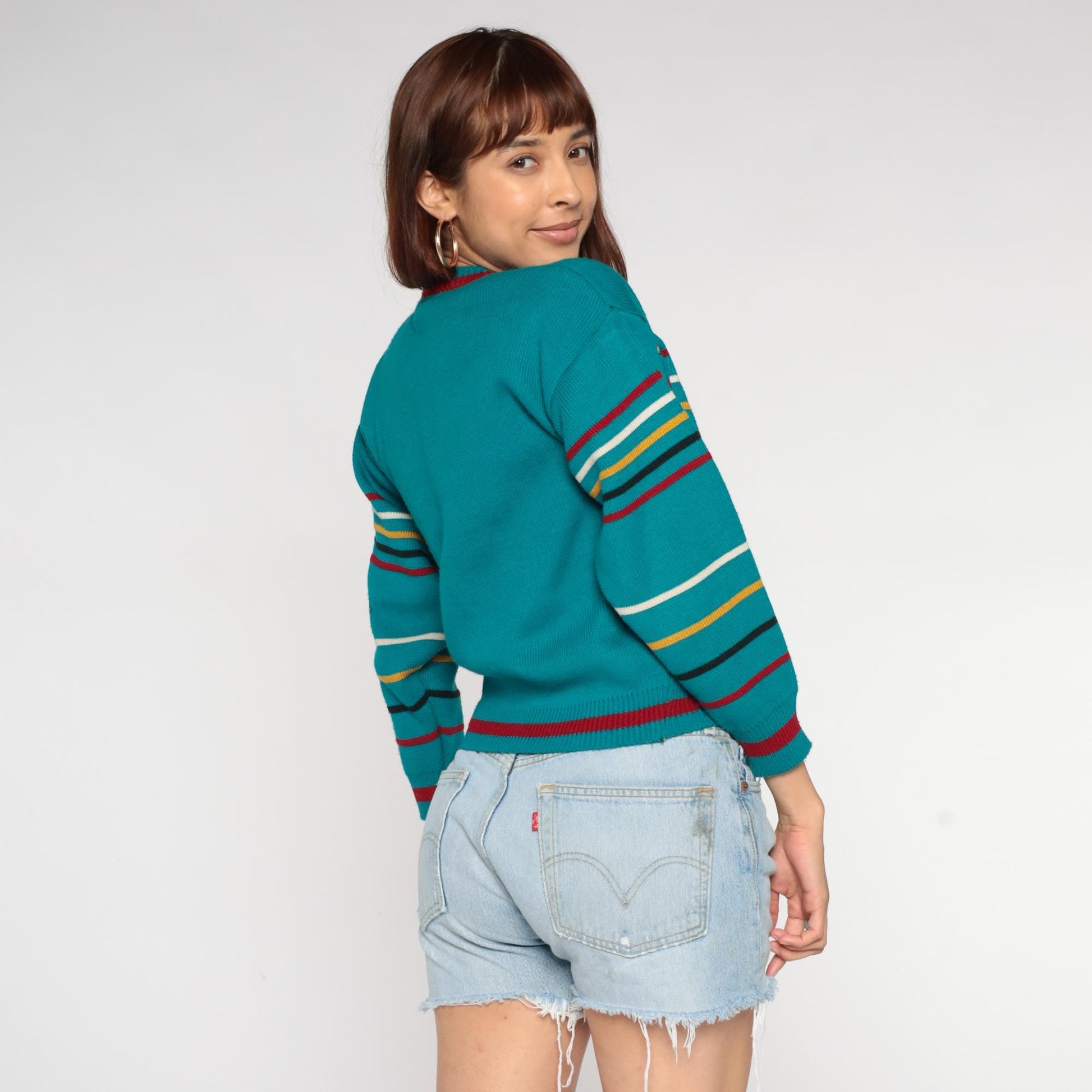 90s Teal Striped Crewneck Sweater Expedition Antarctic Embroidered XS