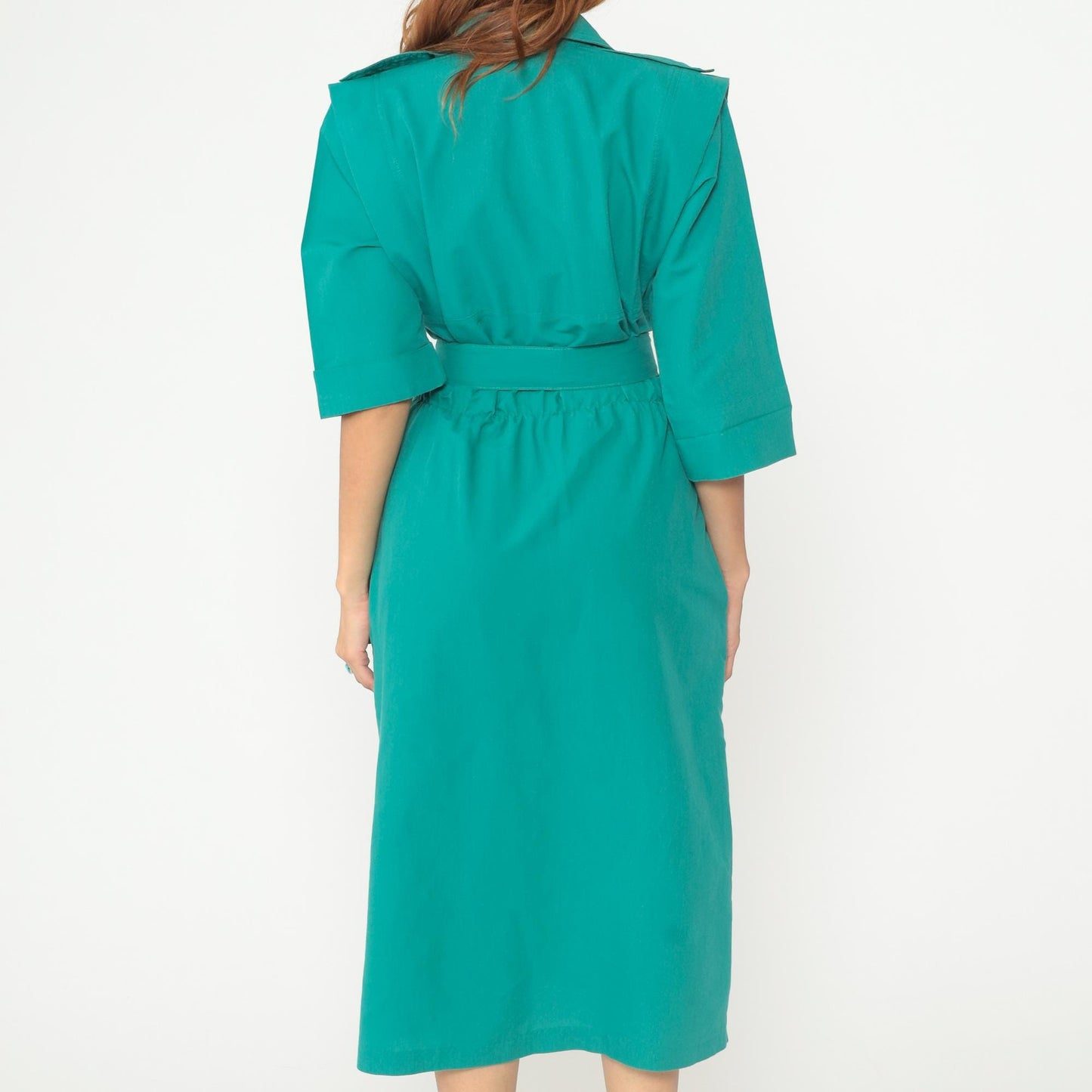 80s Teal Shirt Dress Button Front Belted Midi Structured Collar Medium