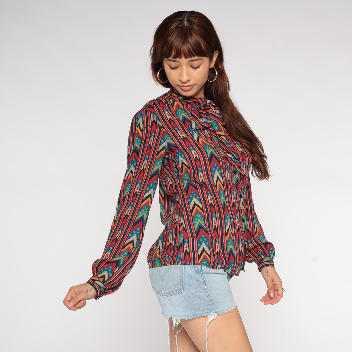 90s Regina Porter Geometric Chevron Blouse Neck Tie Multicolor Medium