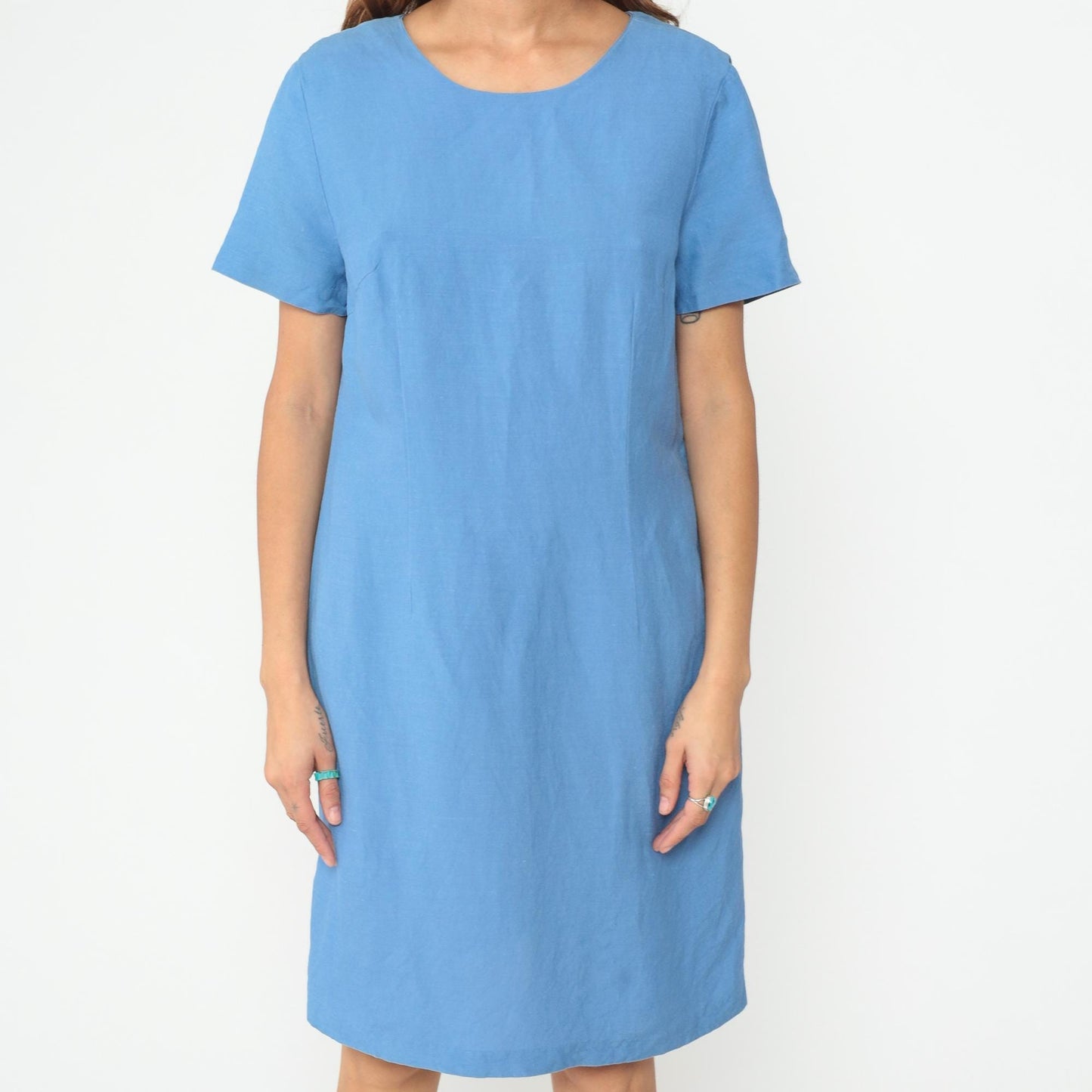 Y2K Blue Shift Dress Short Sleeve Crew Neck Midi Large L