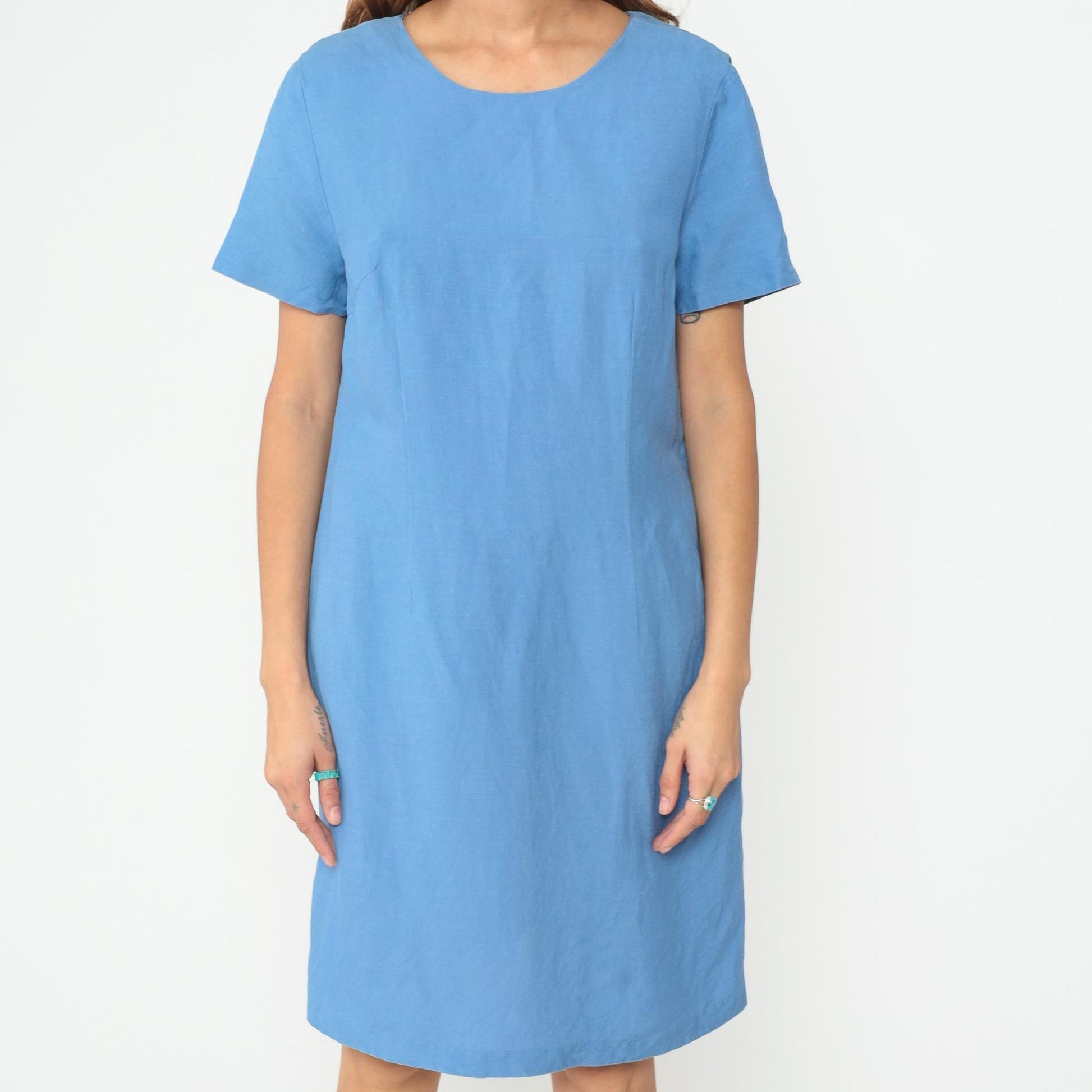 Y2K Blue Shift Dress Short Sleeve Crew Neck Midi Large L
