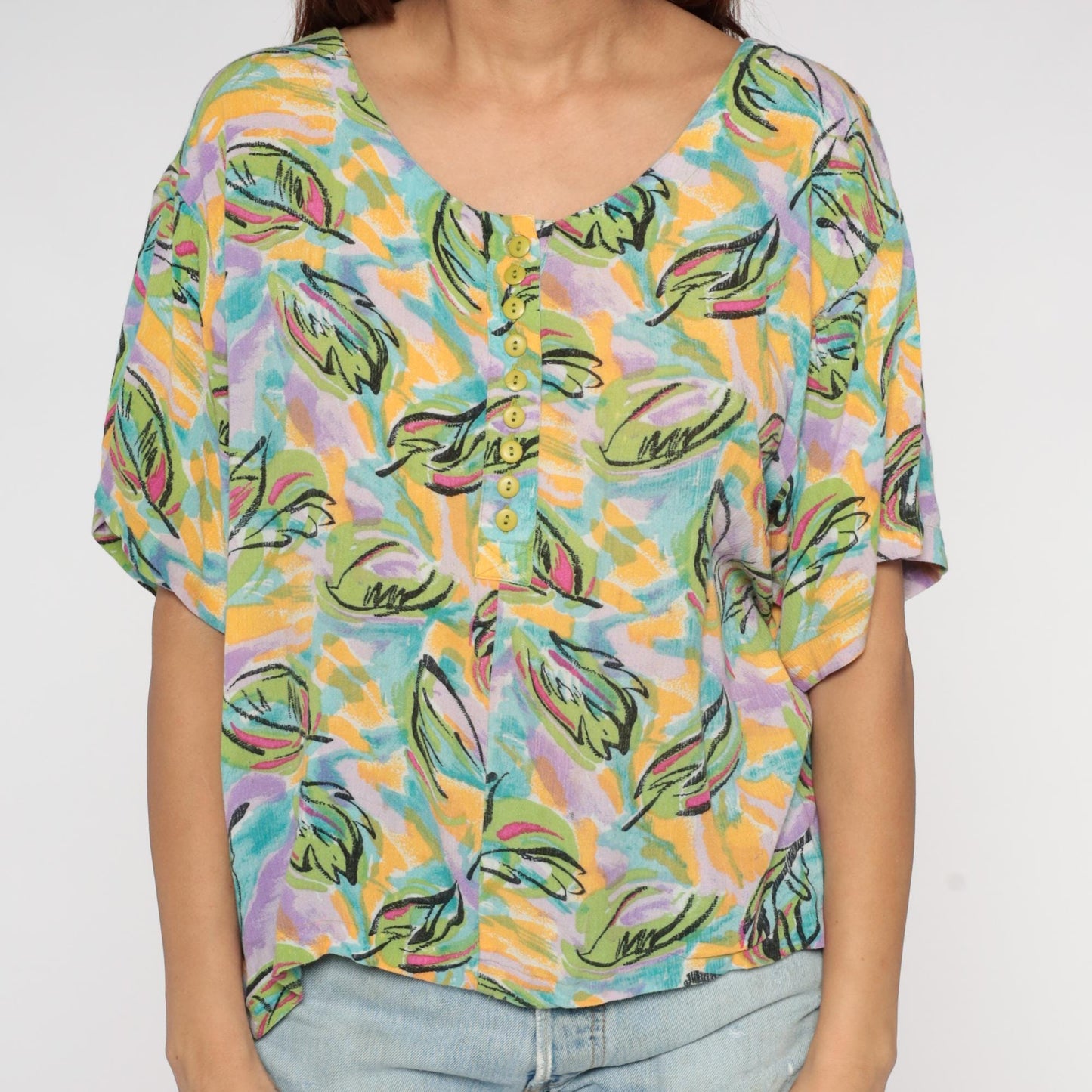 90s Forenza Tropical Leaf Print Button-Up Blouse Short Sleeve Medium M