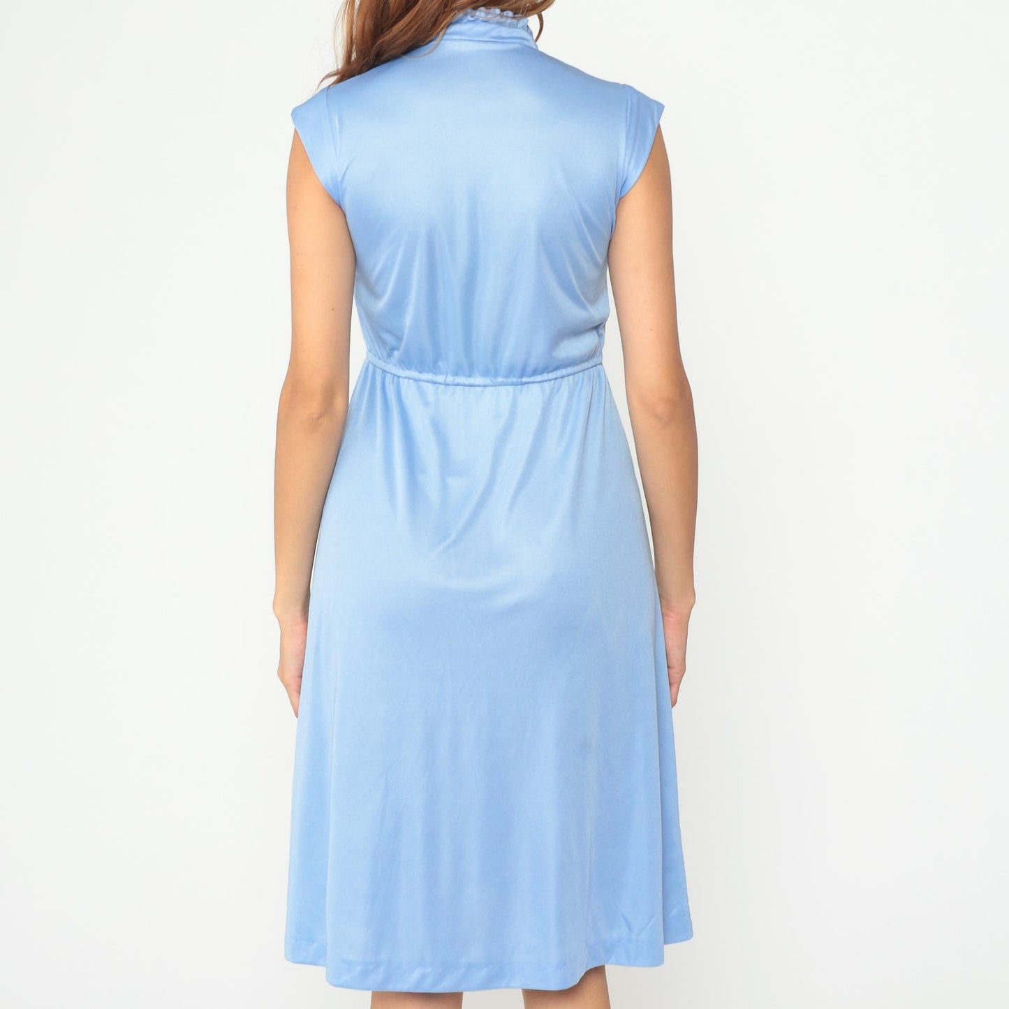 70s Powder Blue Midi Dress Tie Neck Bow Keyhole Cap Sleeve Belted Small