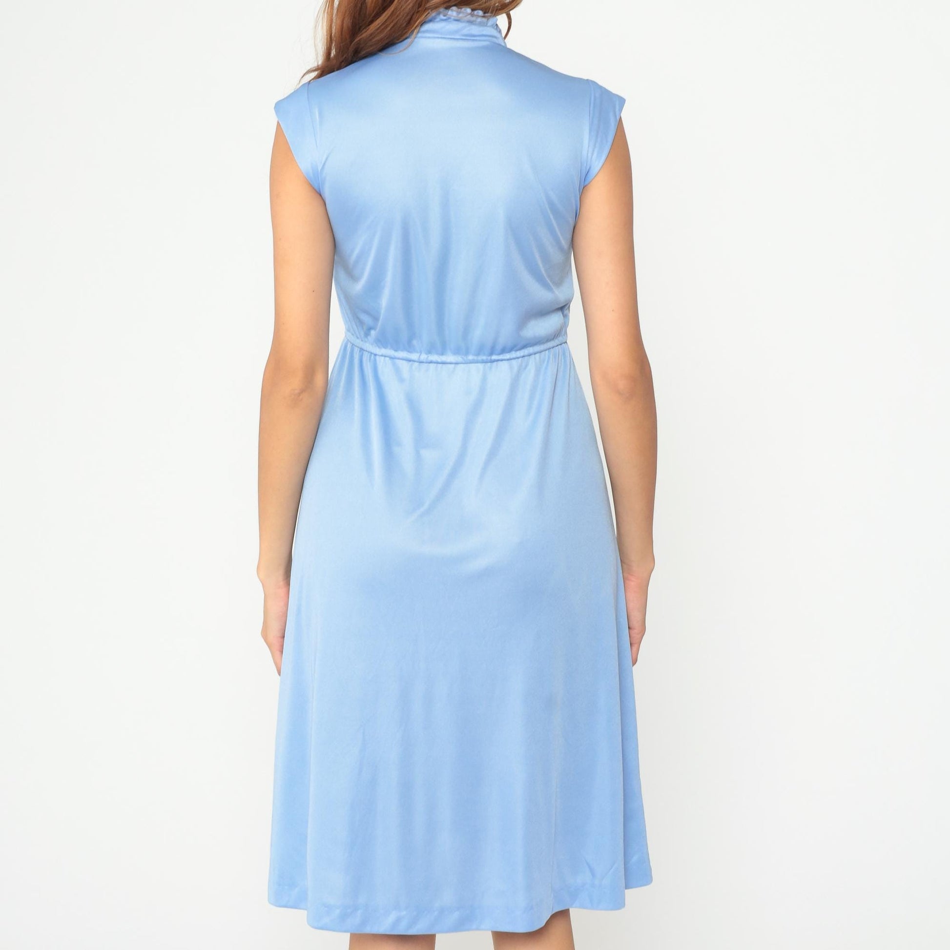 70s Powder Blue Midi Dress Tie Neck Bow Keyhole Cap Sleeve Belted Small