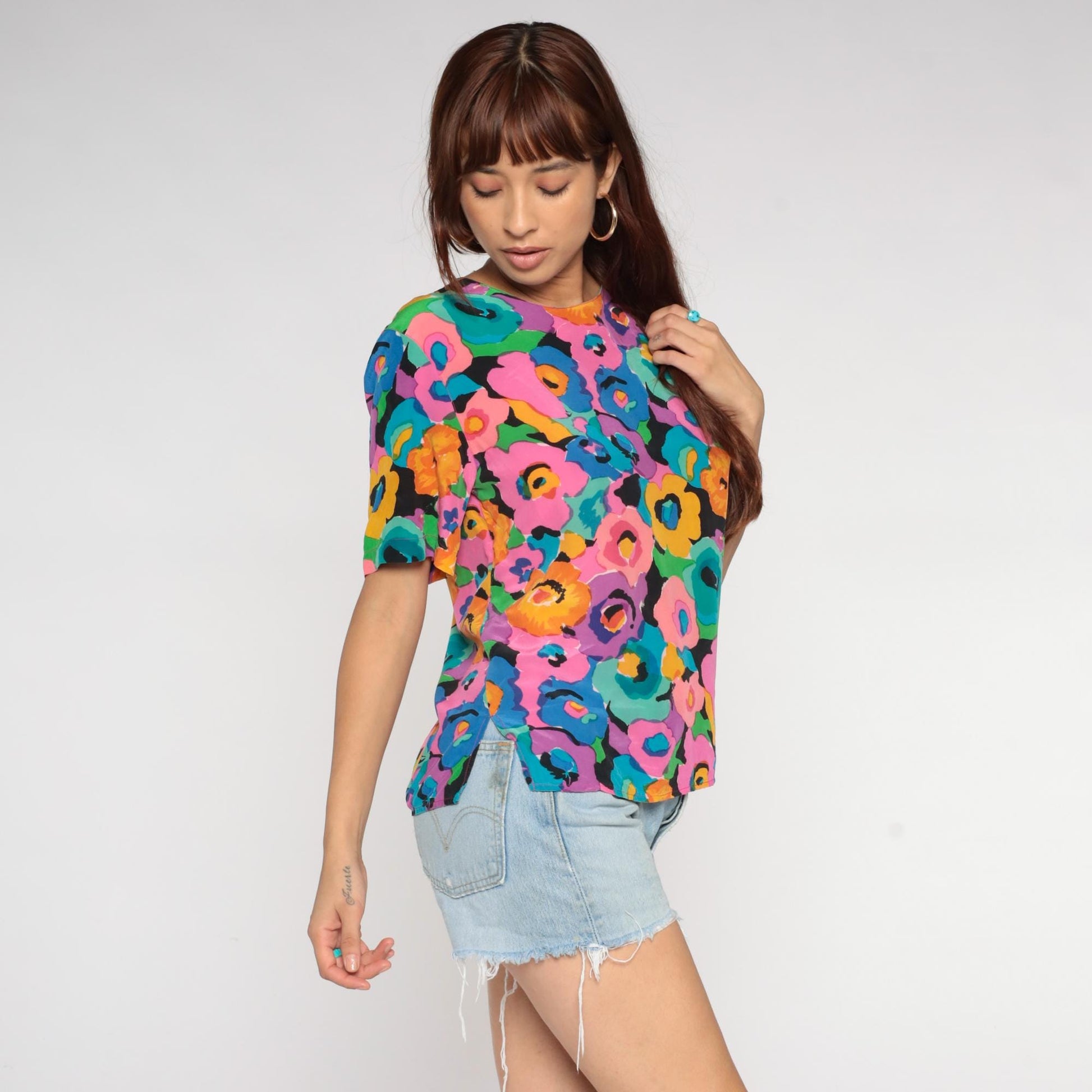90s Spencer Jeremy Silk Blouse Abstract Floral Print Multicolor Medium M