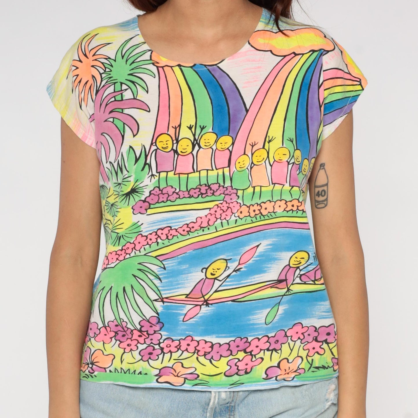 90s Rainbow Tropical Waterfall T-Shirt Cotton Graphic Tee Medium M