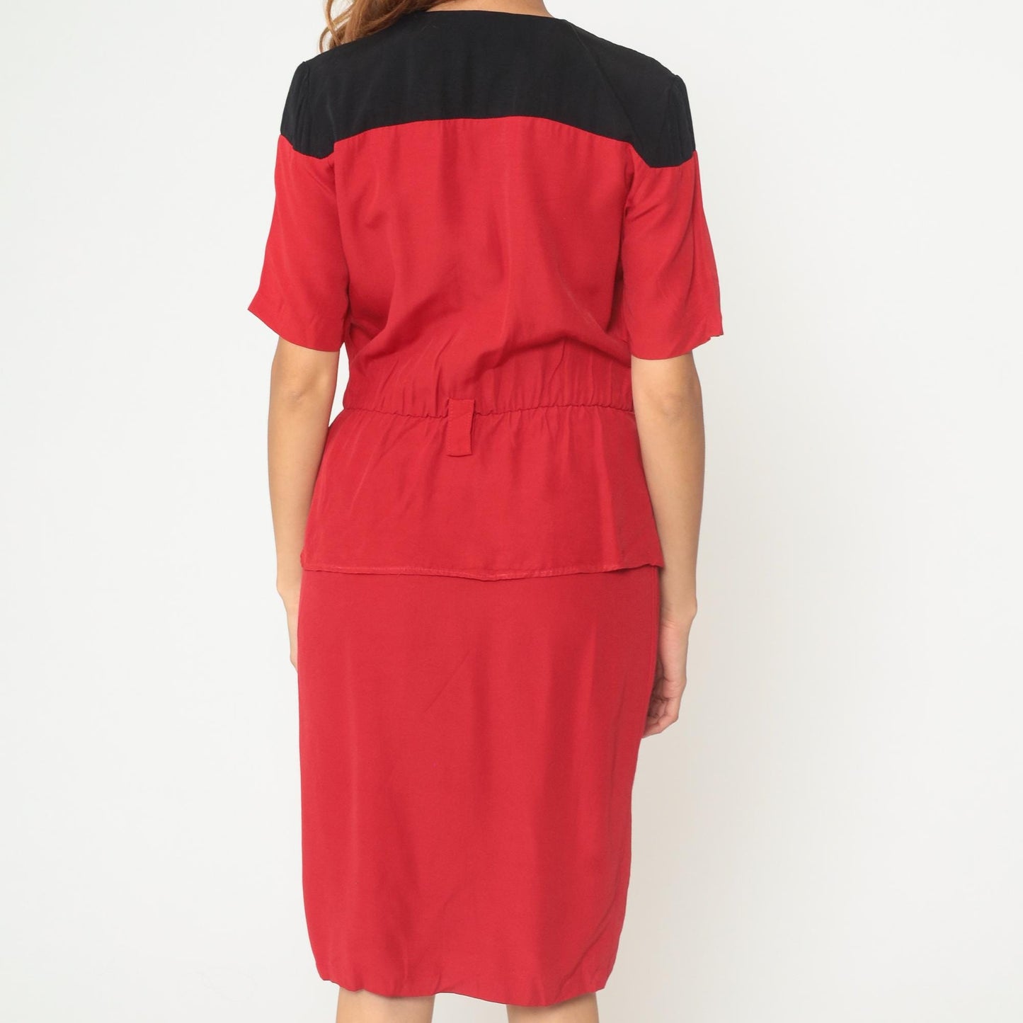 90s Color Block Midi Dress Red Black Peplum Button Front Short Sleeve Medium