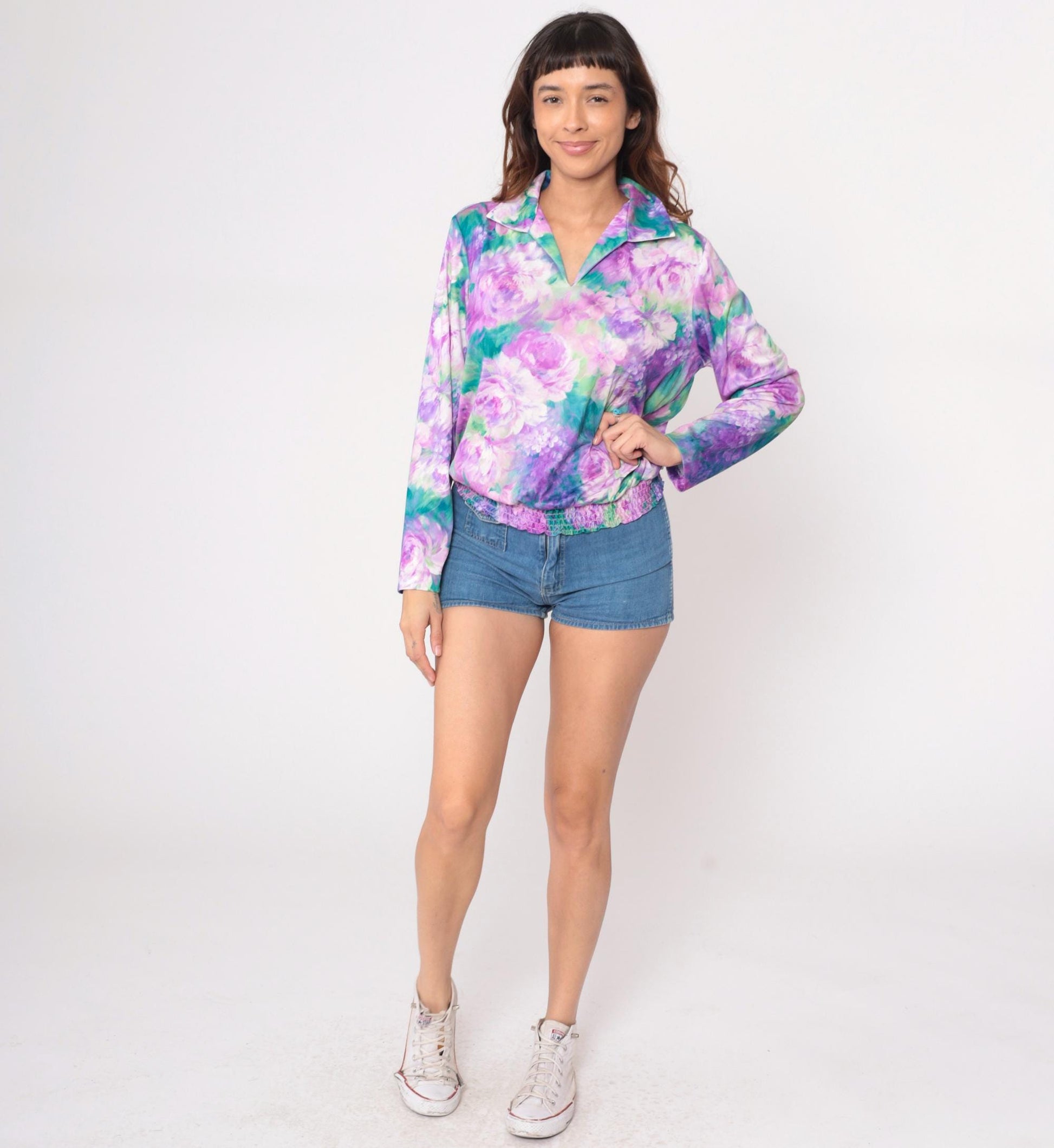 80s Anthony Richards Floral Blouse Purple Lavender Rose Print V-Neck Extra Large