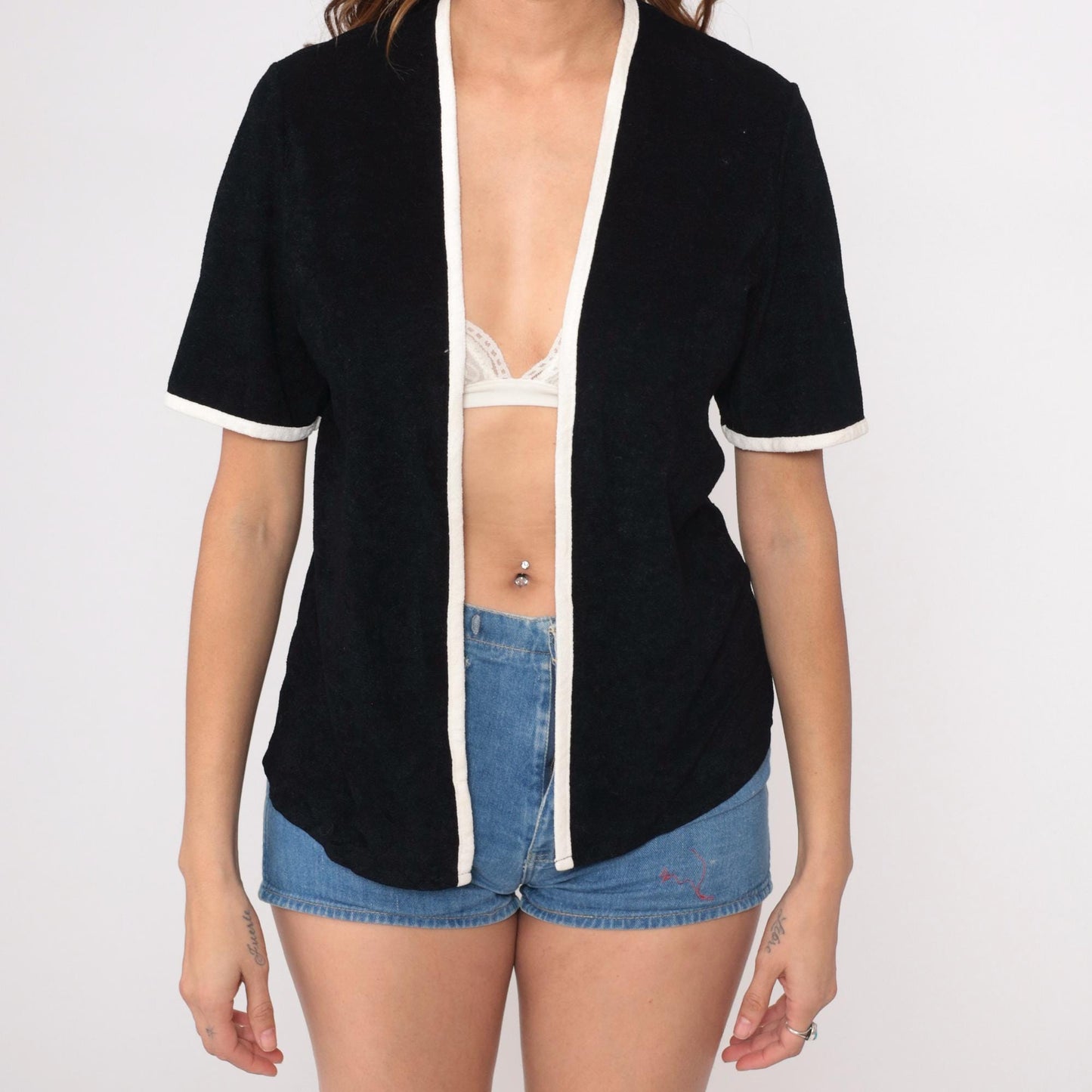 70s St Michael Black Shirt White Contrast Trim Short Sleeve Small