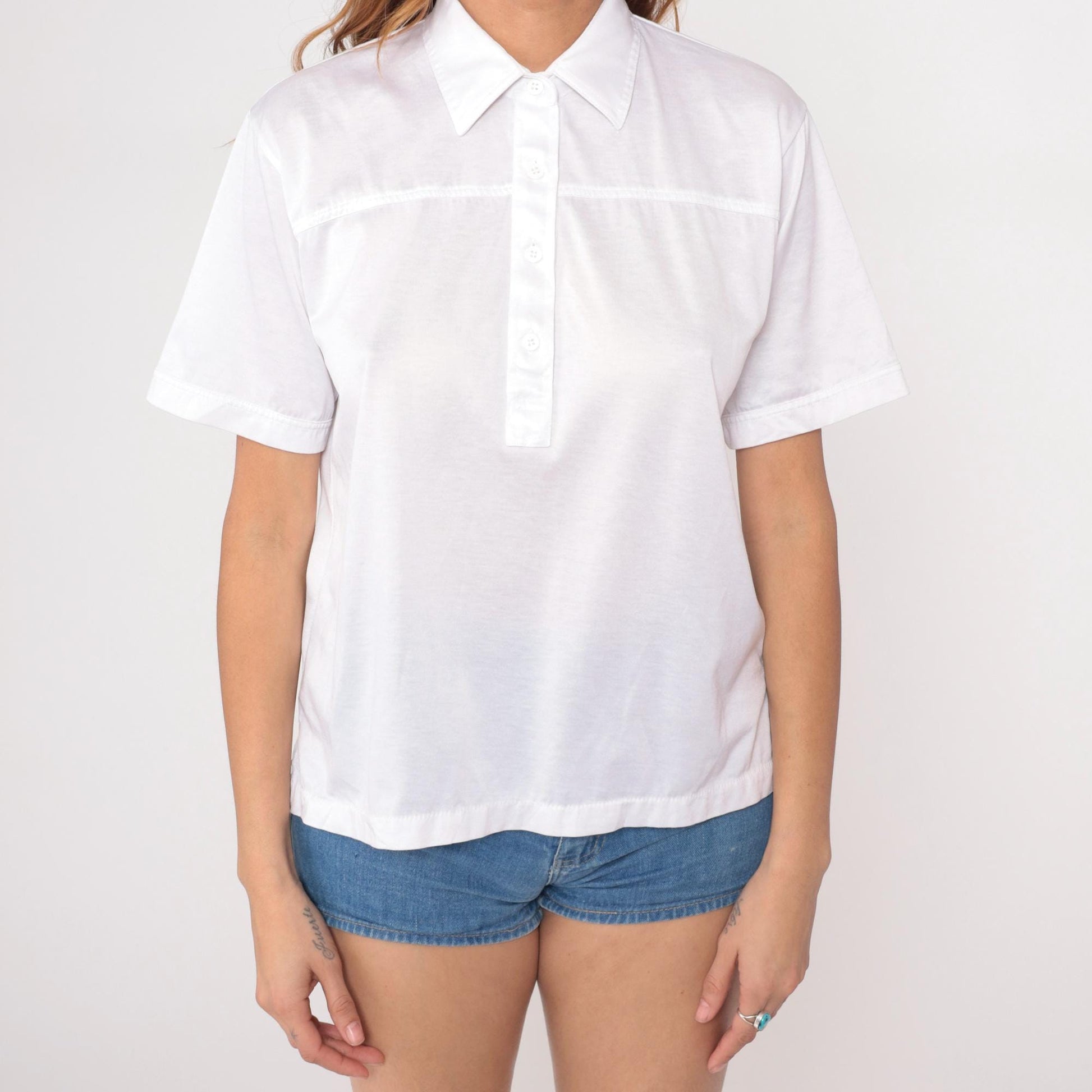 90s White Collared Polo Shirt Short Sleeve Chest Pocket Large L