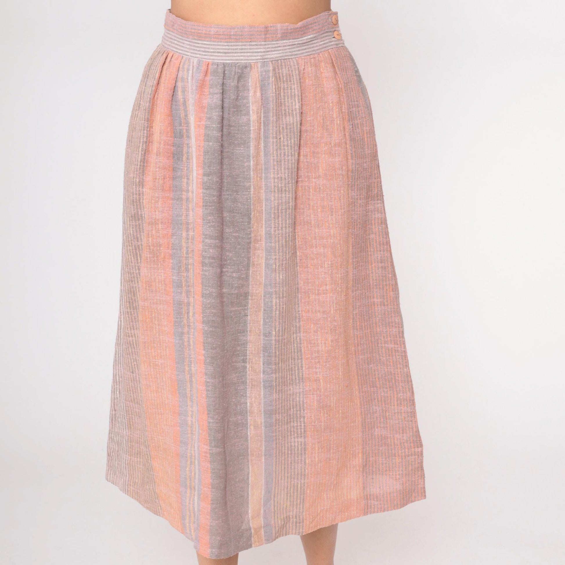80s Striped Midi Skirt Peach Grey Cream Elastic Waist Pockets Small
