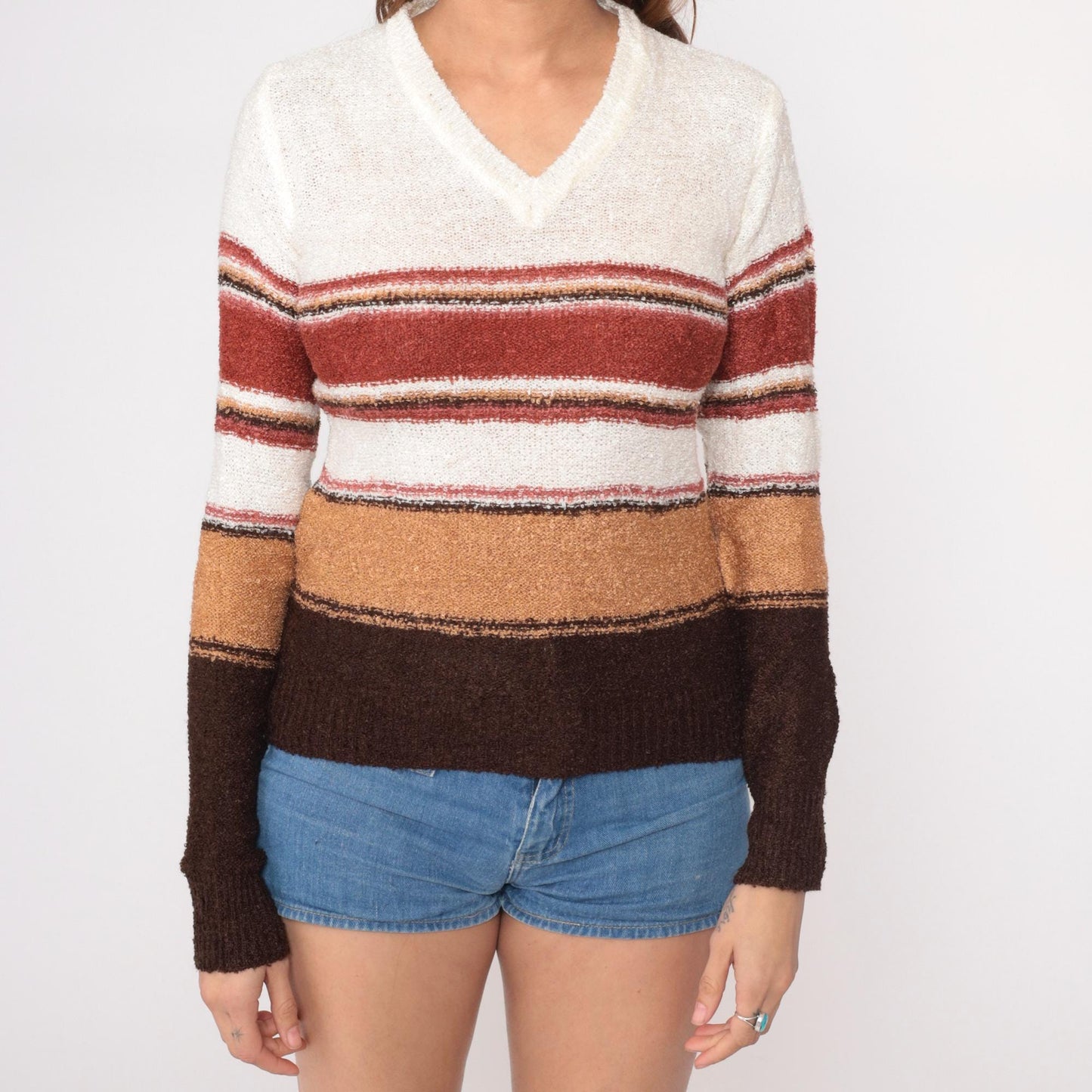70s Striped V-Neck Pullover Sweater Cream Rust Brown Tan Small