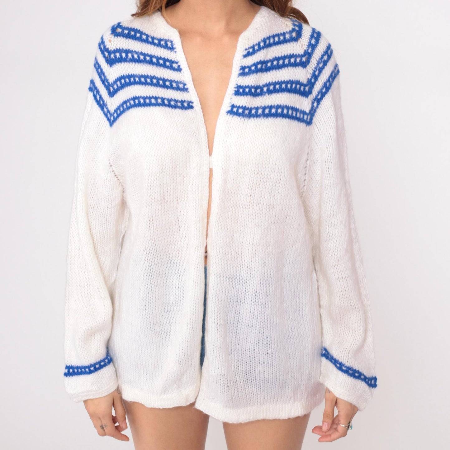 70s White Knit Cardigan Blue Striped Trim V-Neck Long Sleeve Medium