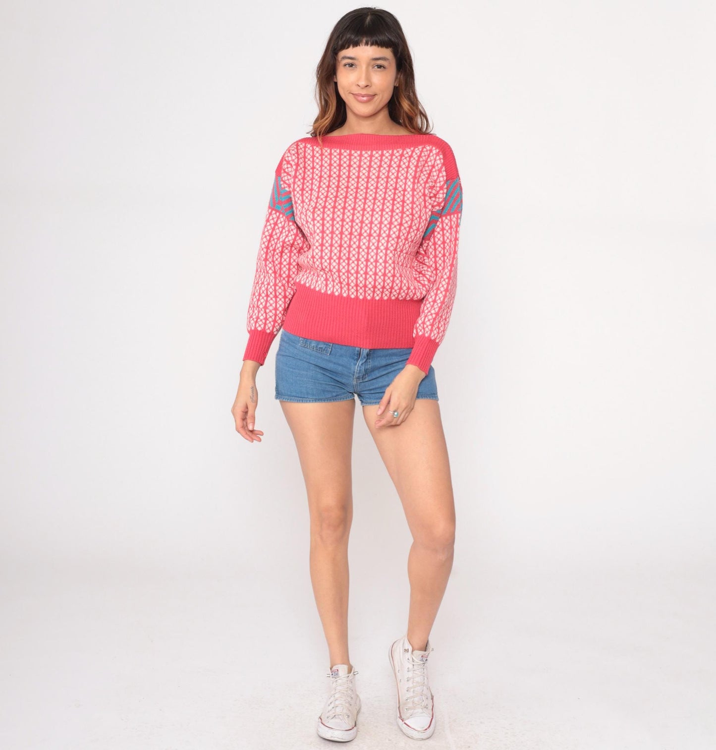 80s Demetre Wool Fair Isle Sweater Pink Geometric Boat Neck Medium M