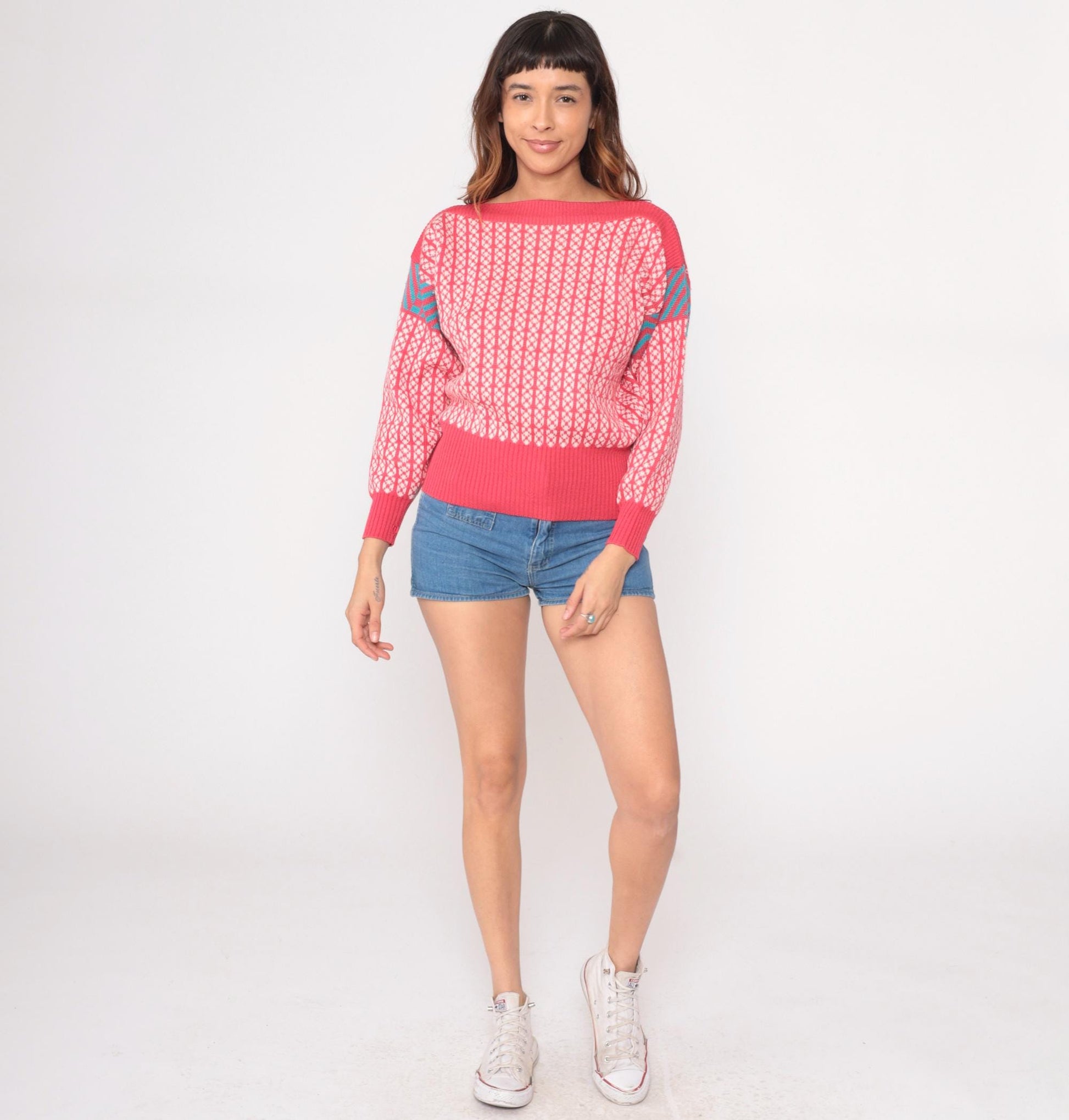 80s Demetre Wool Fair Isle Sweater Pink Geometric Boat Neck Medium M