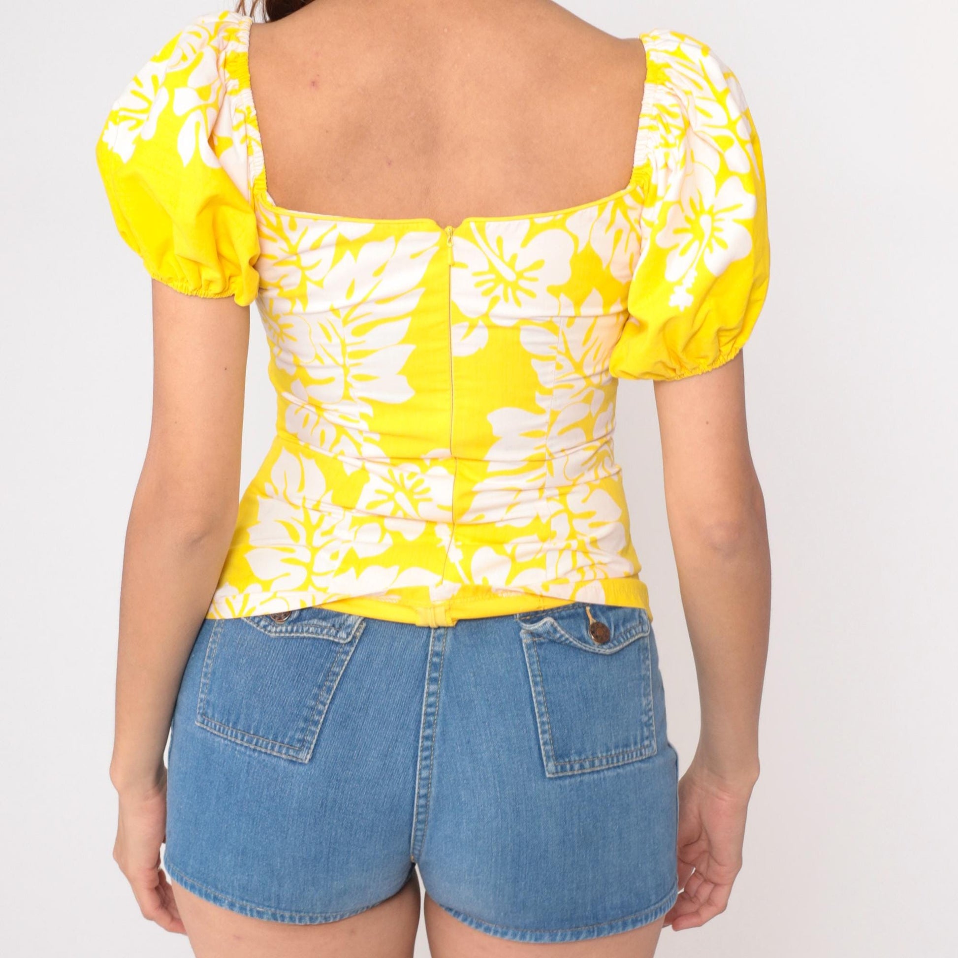 90s CC Fashions Yellow Floral Puff Sleeve Top Square Neckline Small S
