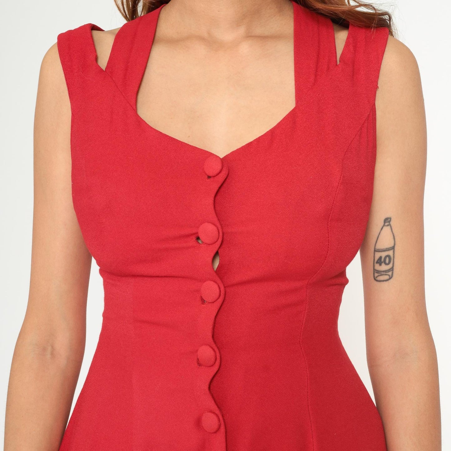 90s Tomato Red Mini Dress Cross-Back Button Front Sweetheart Neckline Small