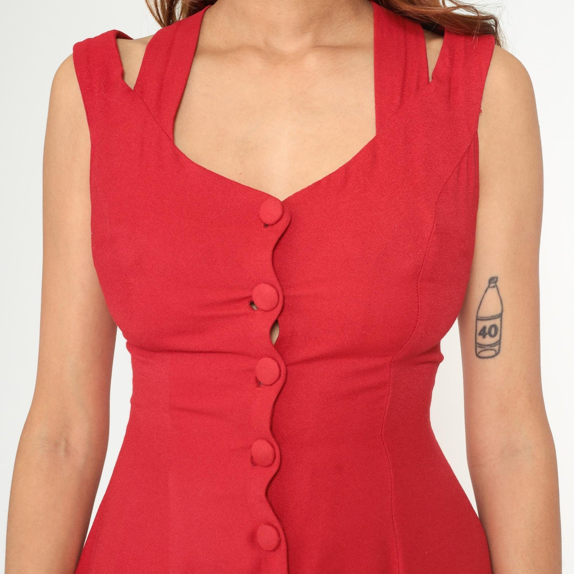 90s Tomato Red Mini Dress Cross-Back Button Front Sweetheart Neckline Small