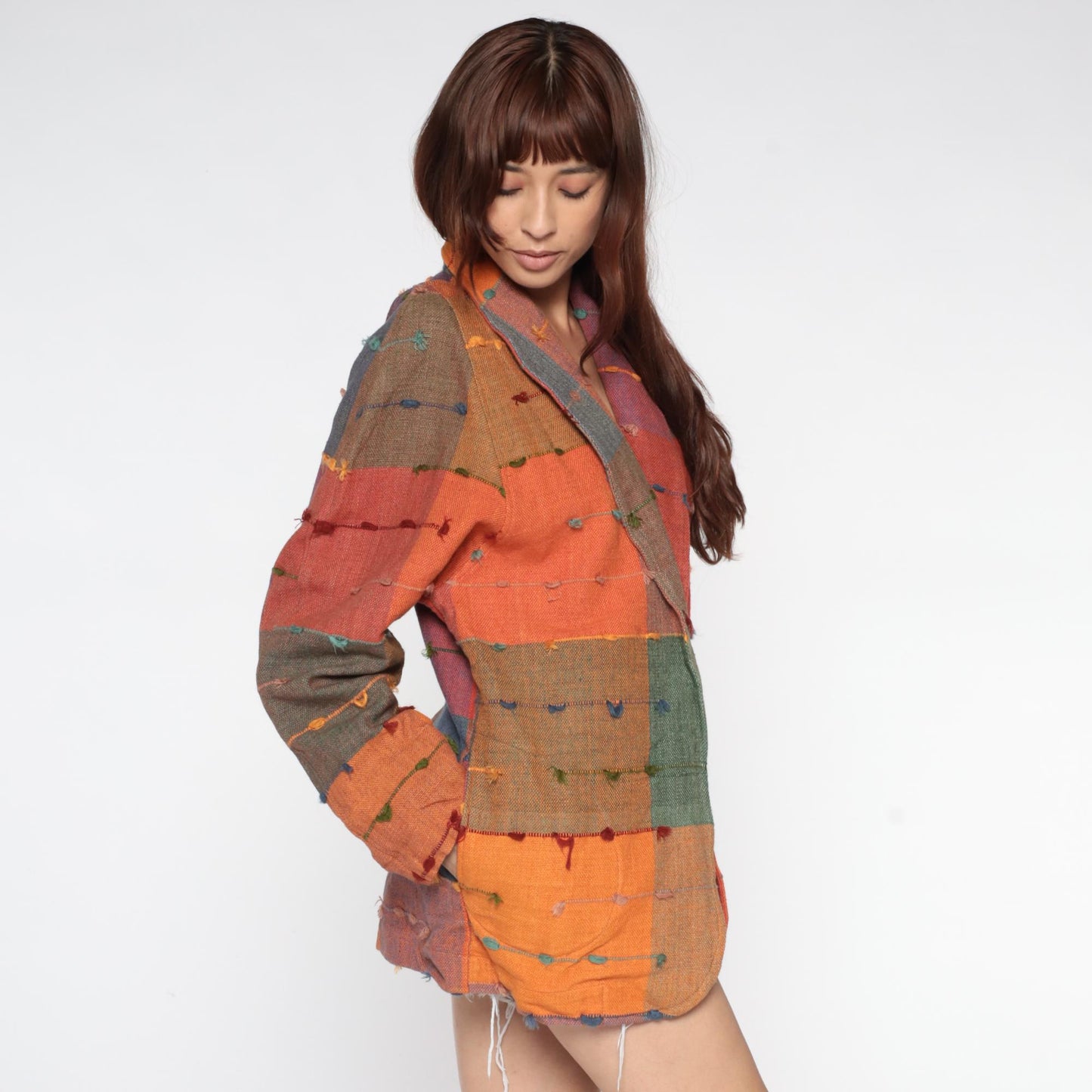 90s Patchwork Cotton Jacket Multicolor Block Button Front Medium M