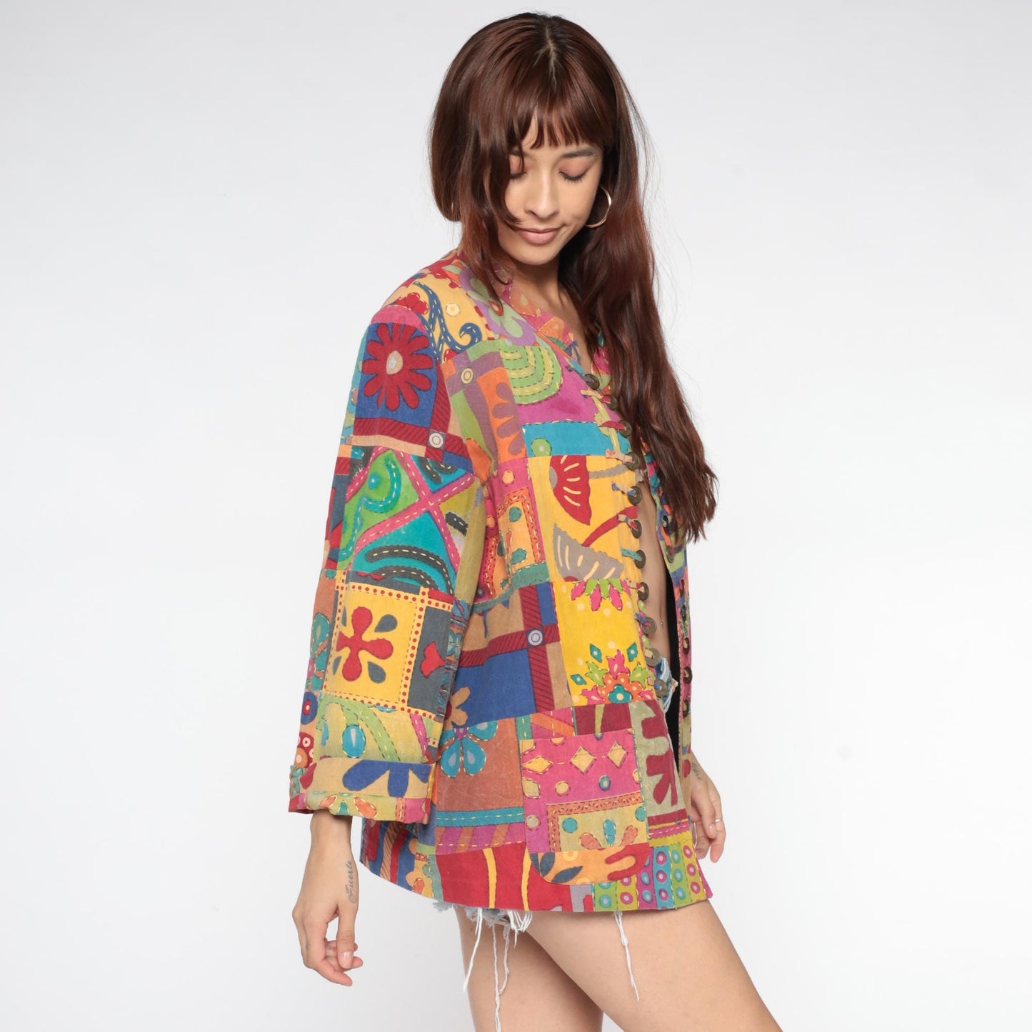 Y2K Rainbow Patchwork Cotton Jacket Embroidered Floral Button Front Extra Large