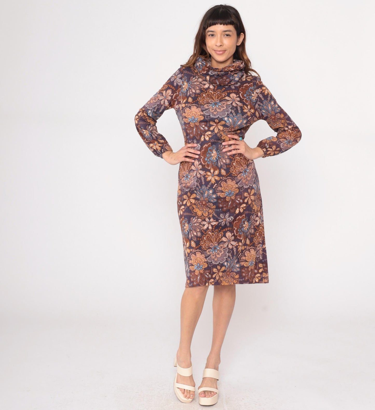 70s Brown Navy Paisley Floral Turtleneck Dress Knee-Length Small