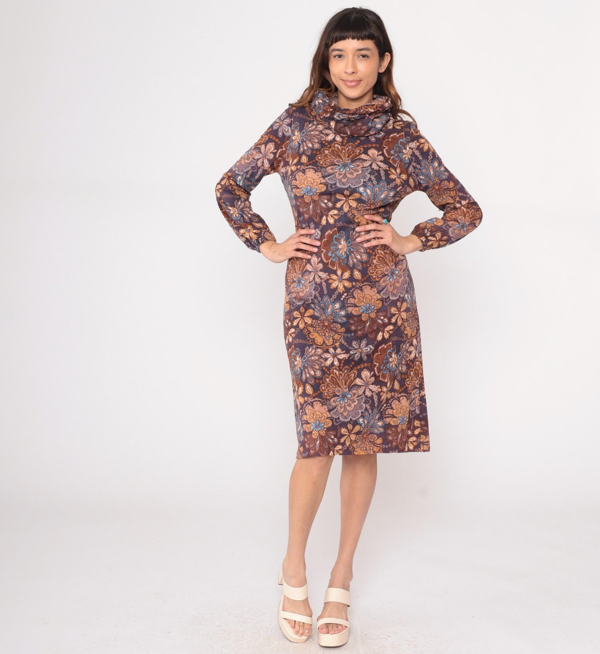 70s Brown Navy Paisley Floral Turtleneck Dress Knee-Length Small