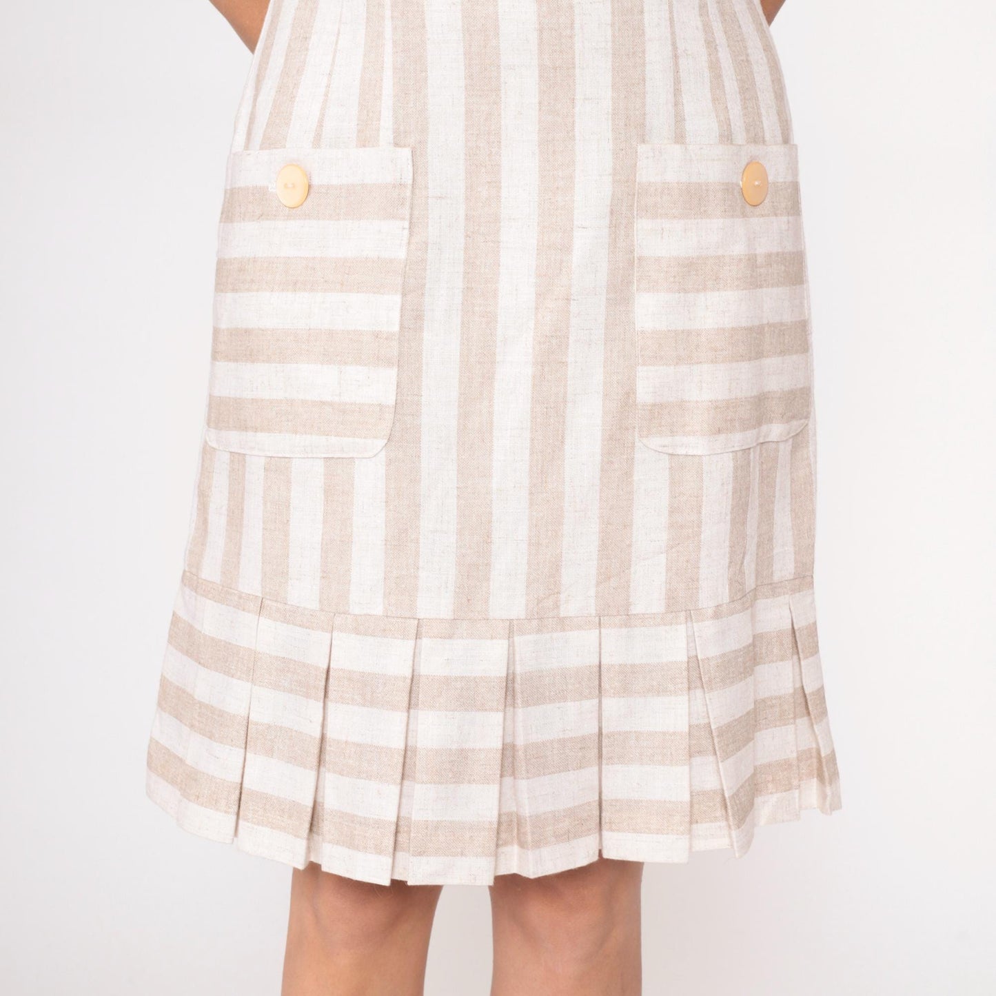 80s Jessica Howard Striped Dress Square Neckline Pleated Knee-Length Beige Medium